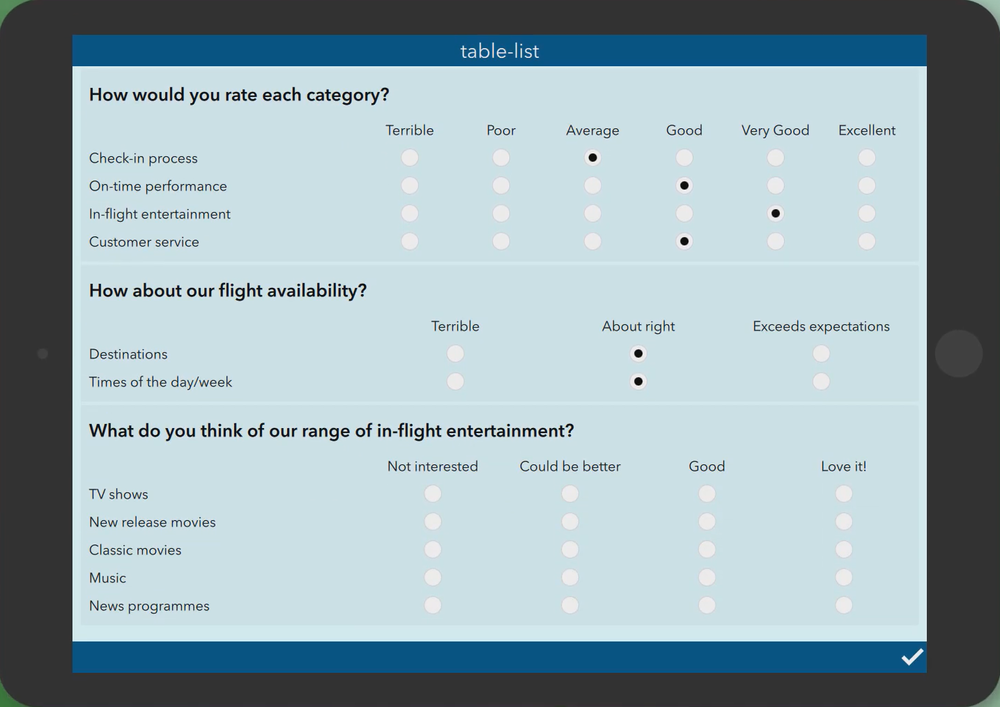 Compact series of choice list questions that share the same set of answer choices.