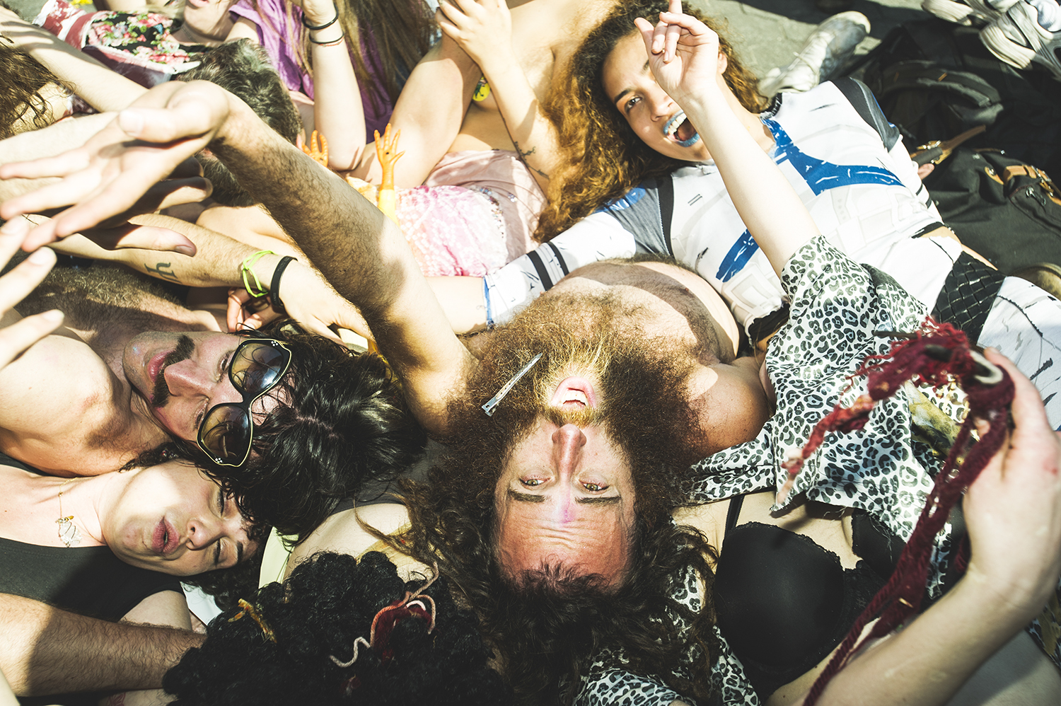 a group of people performing while they are under influence of marijuana at NYC Cannabis Parade. Union Square Park, Manhattan. May 2015 ©Go Nakamura photography