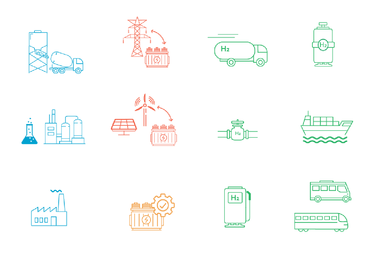 Icons illustrating the sources and uses of hydrogen, including industrial, solar, wind, water, and transport applications custom designed by Gen Burgess.