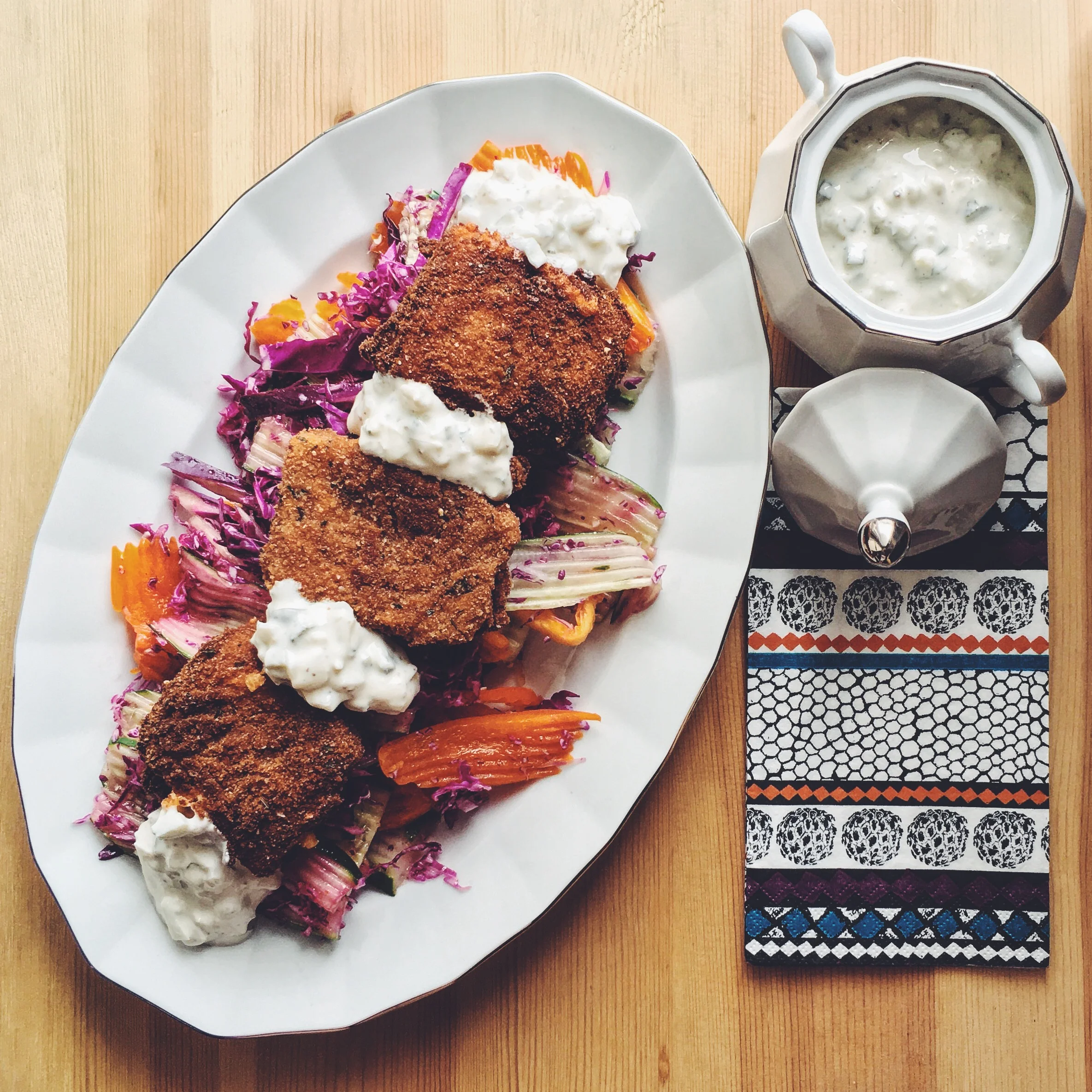 Smažený sýr (Fried Cheese) with a Yogurt Tartar sauce and Crinkle Cut "Funfetti" Inspired Salad