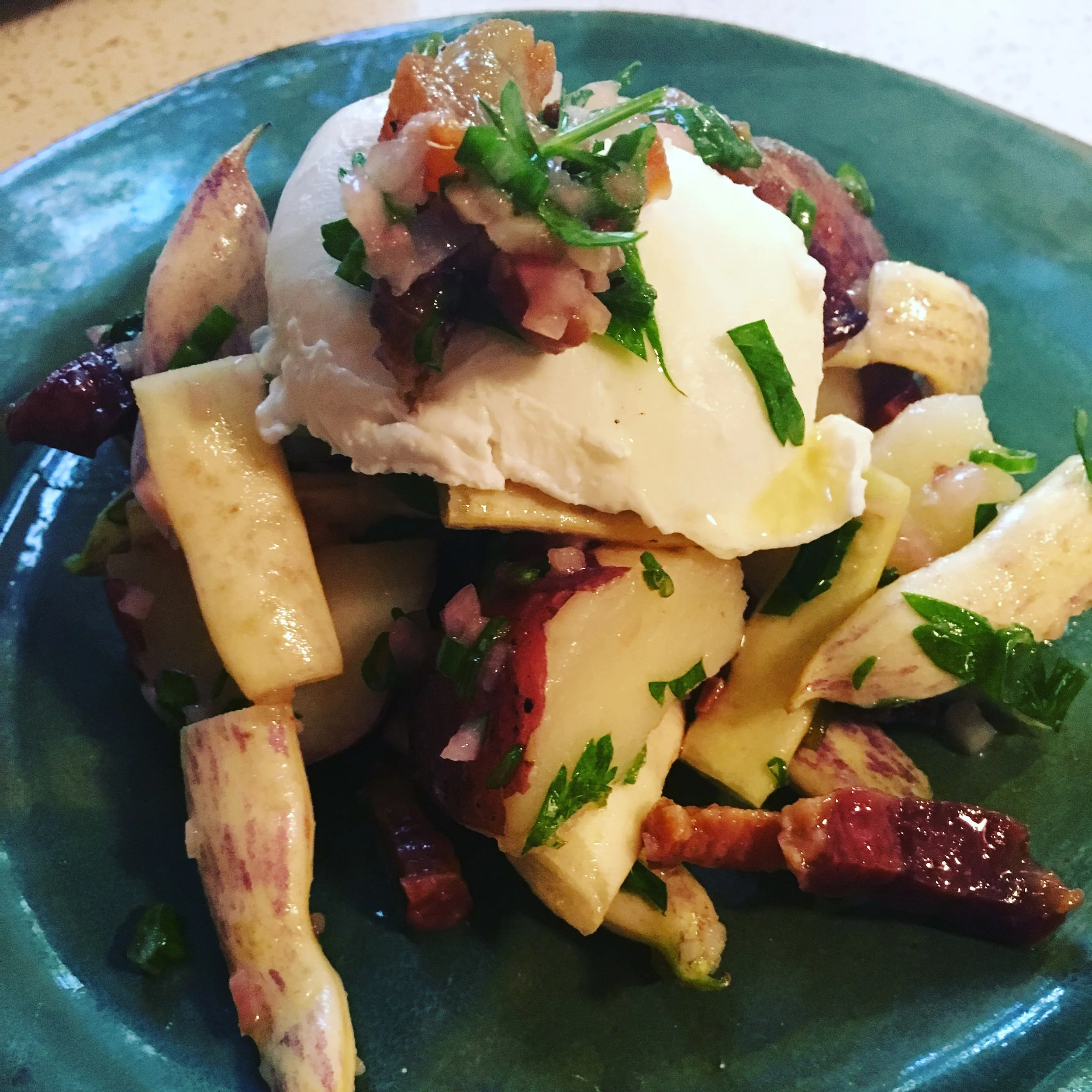 Dragon Tongue Bean and Potato Salad with Warm Pancetta and Shallot Vinaigrette