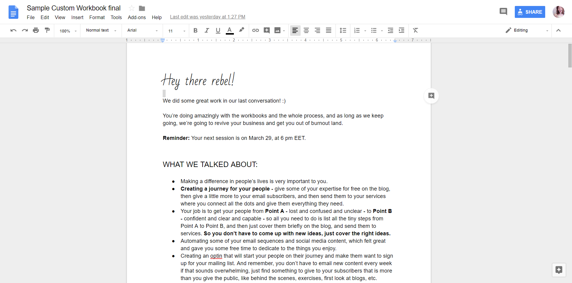 A client workbook from Coaching for Creative Rebels, via Violeta Nedkova. 