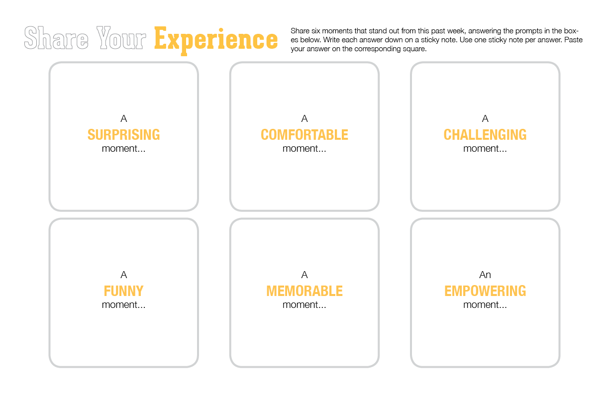 The first worksheet we have participants work with asks them to provide six life experiences. That takes a lot of time. Rather than have them share all six, I reduced it to two life experiences. (Emi Kolawole)
