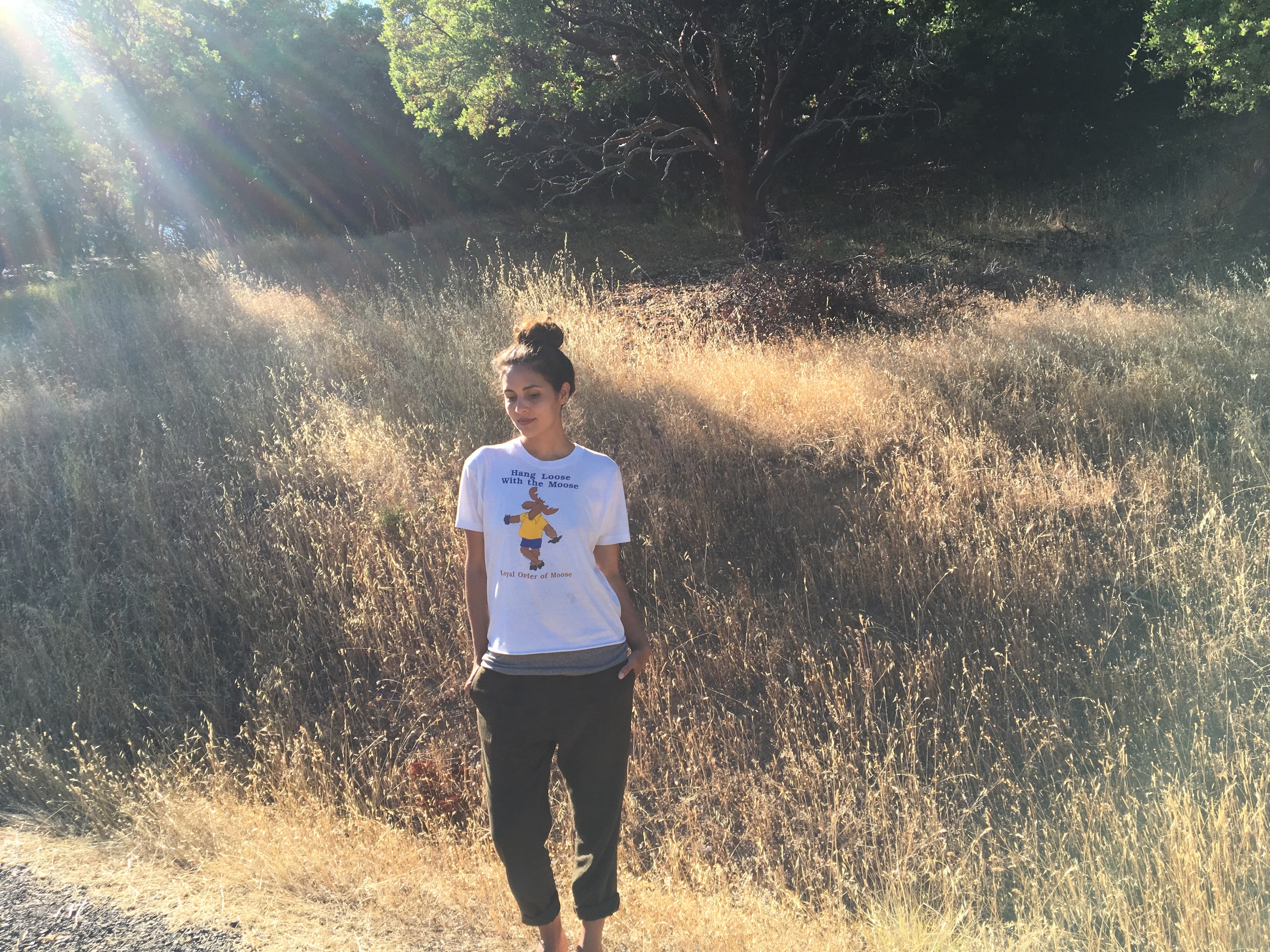Me and Arrow linen pants + second hand "hang loose with the moose" top.