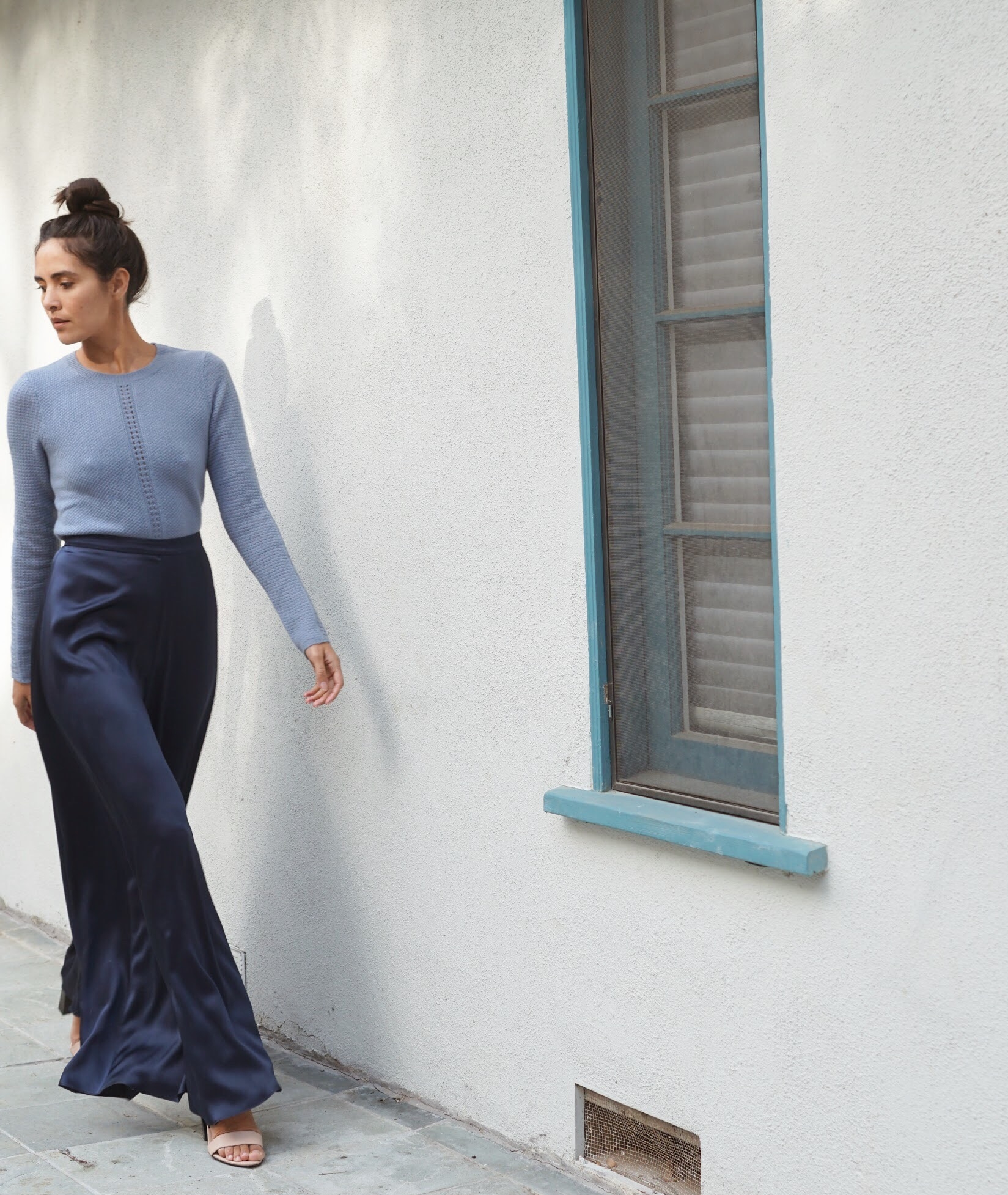   Maiyet  Crewneck Sweater in Light Blue +  Voz  Palazzo pant in Navy. 