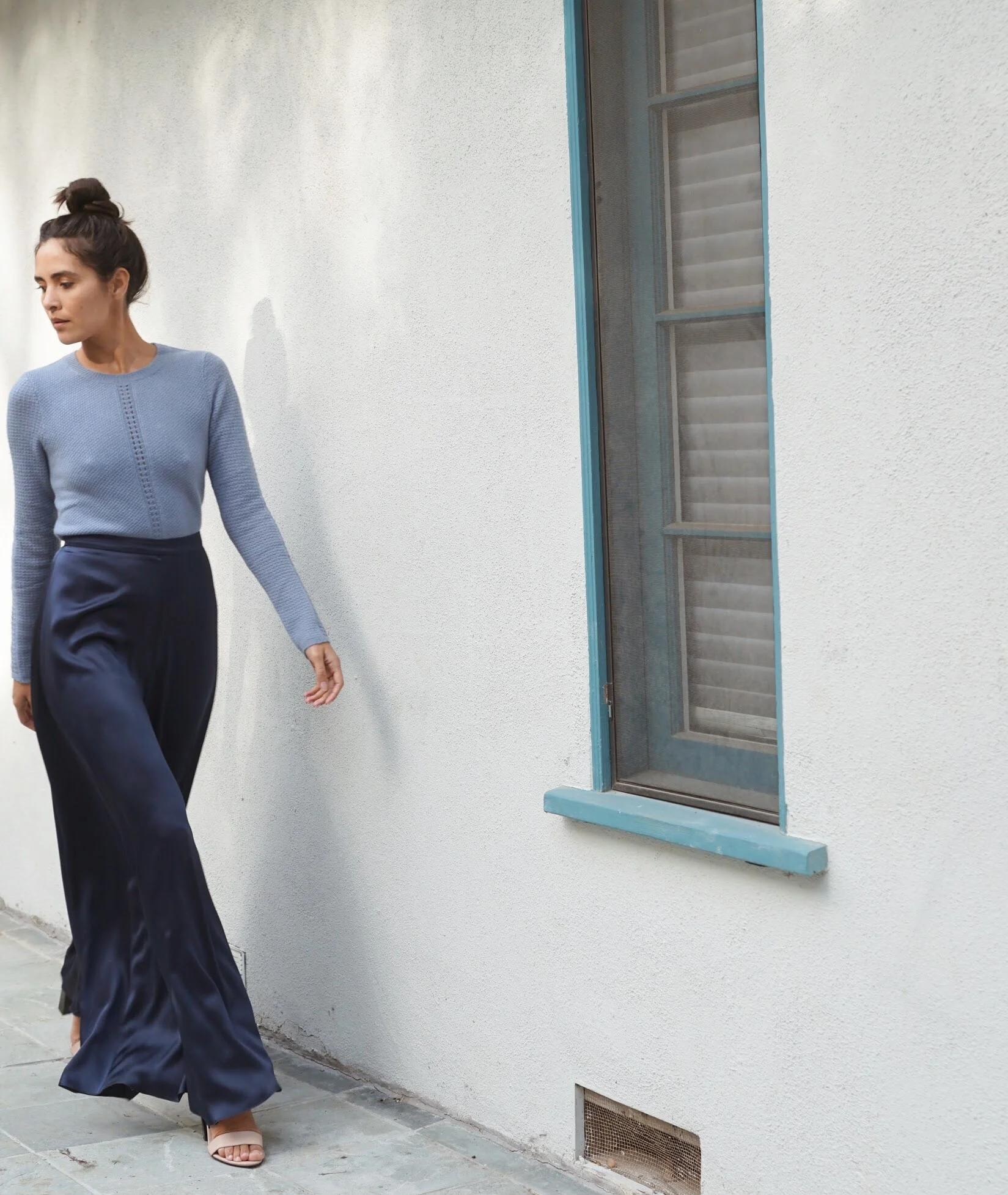 Maiyet Crewneck Sweater in Light Blue + Voz Palazzo pant in Navy.