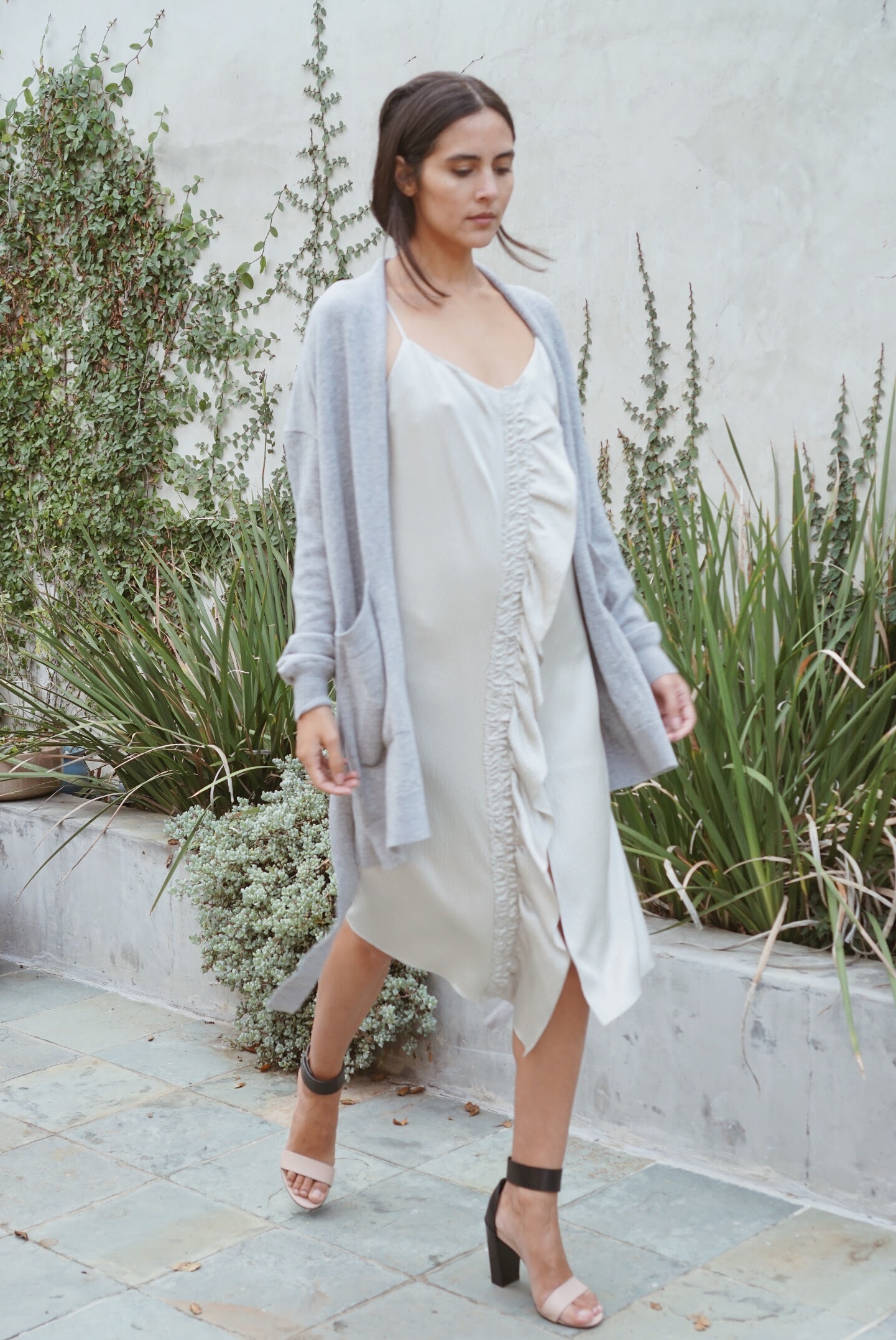   Maiyet &nbsp;Asymmetric Midi Slip Dress in Silver +  Maiyet  Wrap Cardigan in Grey. 