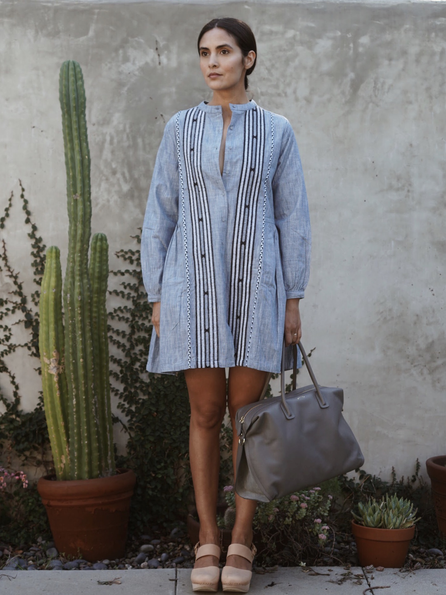   Kopal  Riya Dress in Indigo Stripe +  Maiyet &nbsp;Como Large Satchel in Grey +   Zuzii   Closed Toe Clogs in Natural. 