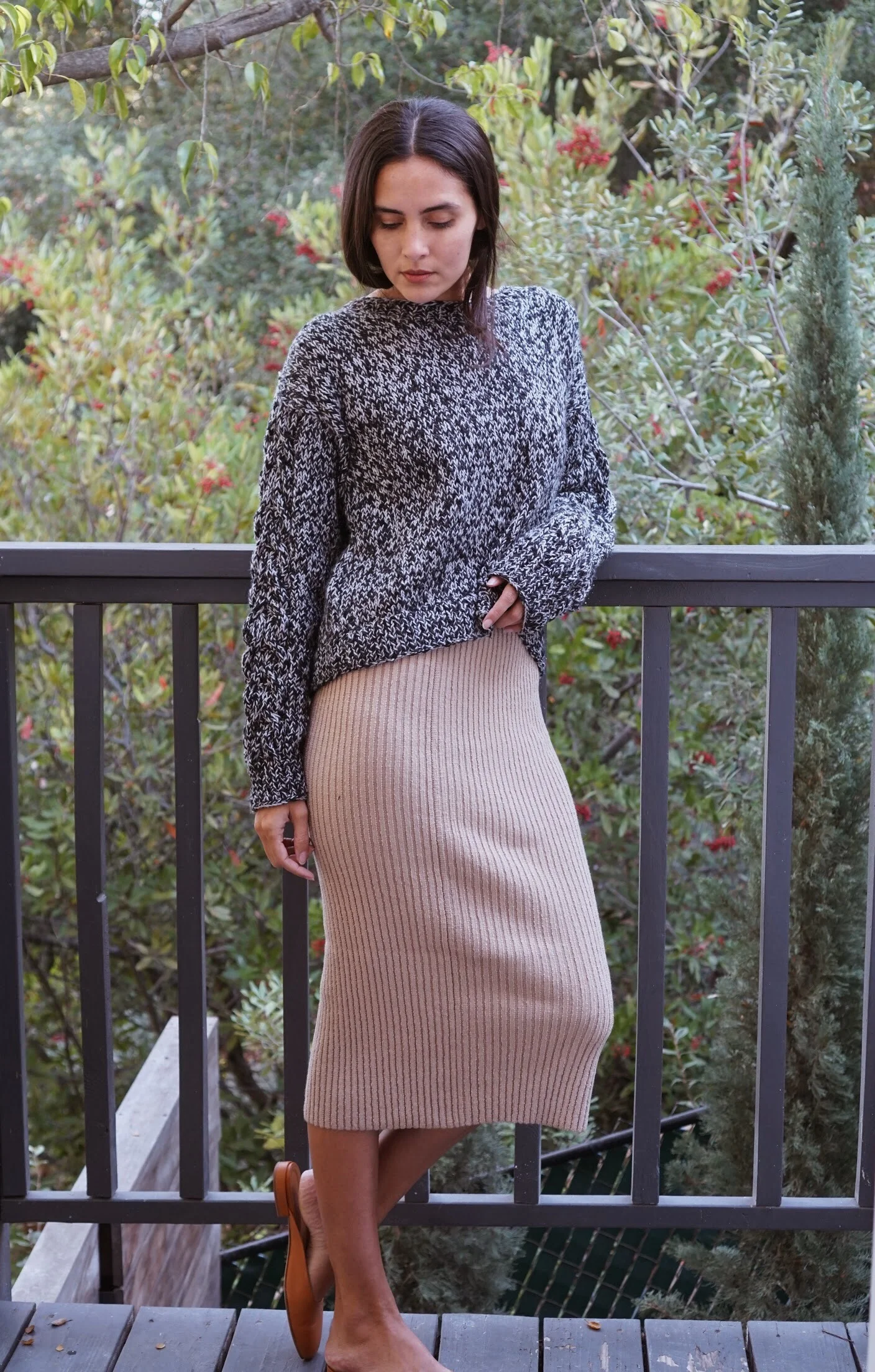 Voz Cable Boatneck in Black/Opal + Eleven Six Rib Tube Skirt in Nude + Maiyet Sia East/West in Cognac.