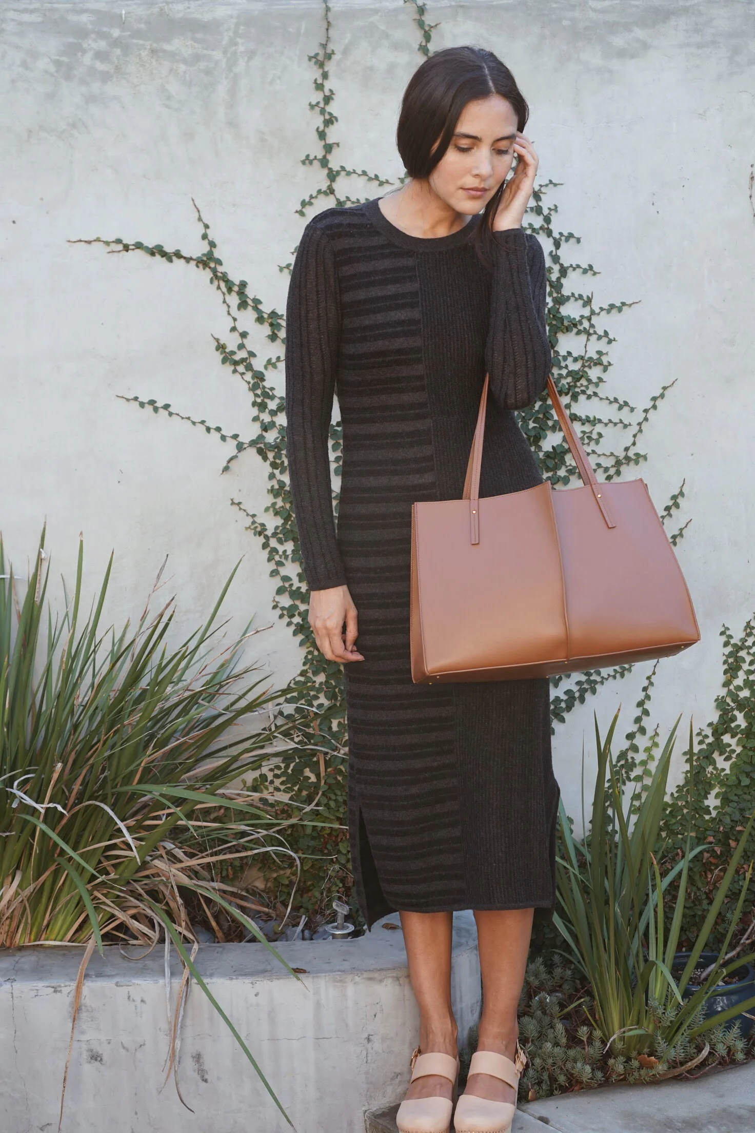 Maiyet Knit Stripe Sheath Dress in Blk/Ch + Maiyet Sia East/West in Cognac + Zuzii Closed Toe Clogs in Natural.