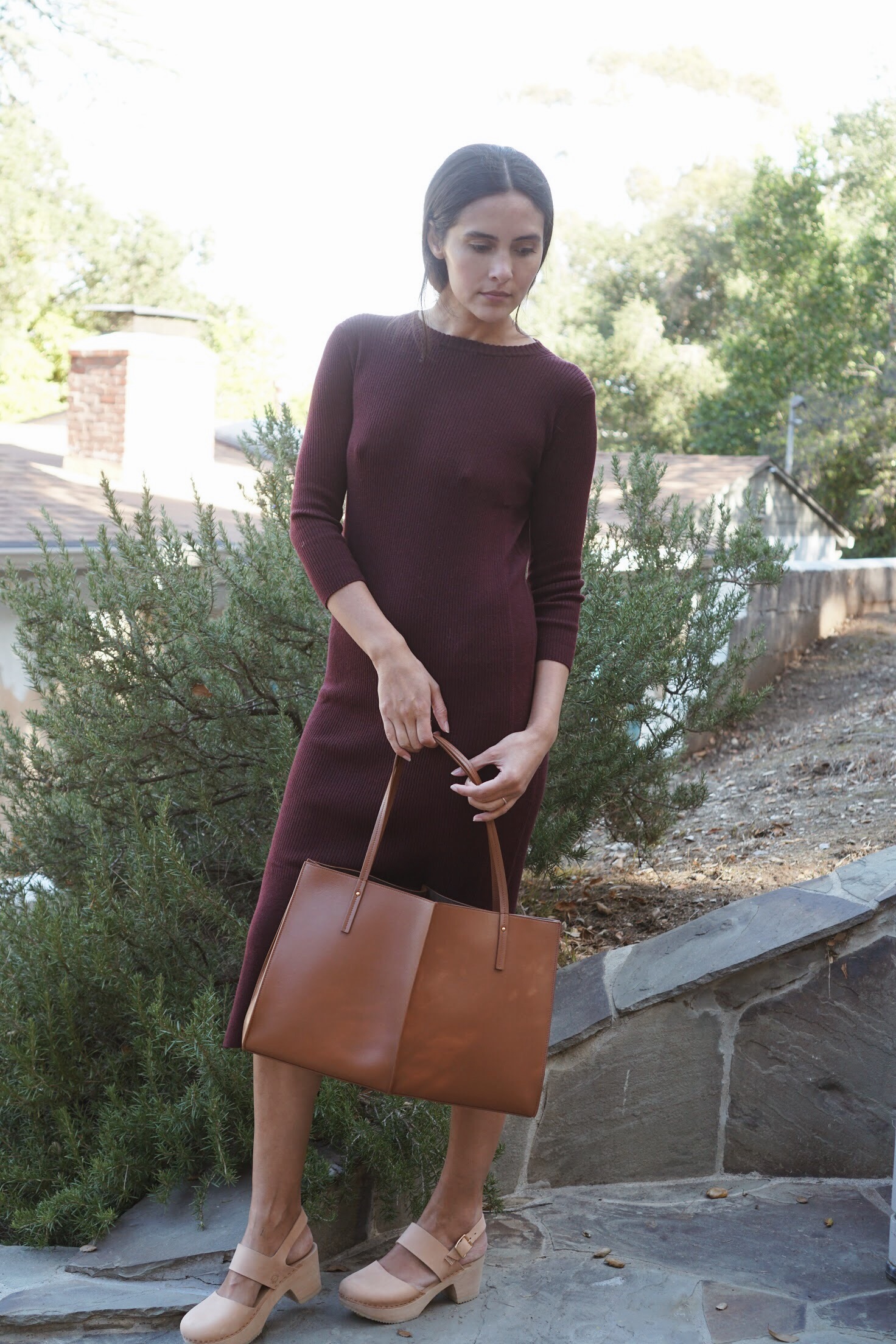   Maiyet &nbsp;L/S Long Fitted Sheath Dress in Maroon +  Maiyet  Sia East/West in Cognac +   Zuzii   Closed Toe Clogs in Natural. 