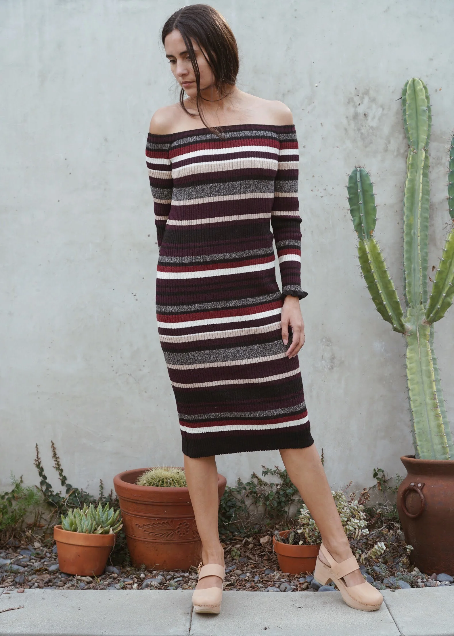 Eleven Six Off Shoulder Sweater Dress in Multi + Zuzii Closed Toe Clogs in Natural.