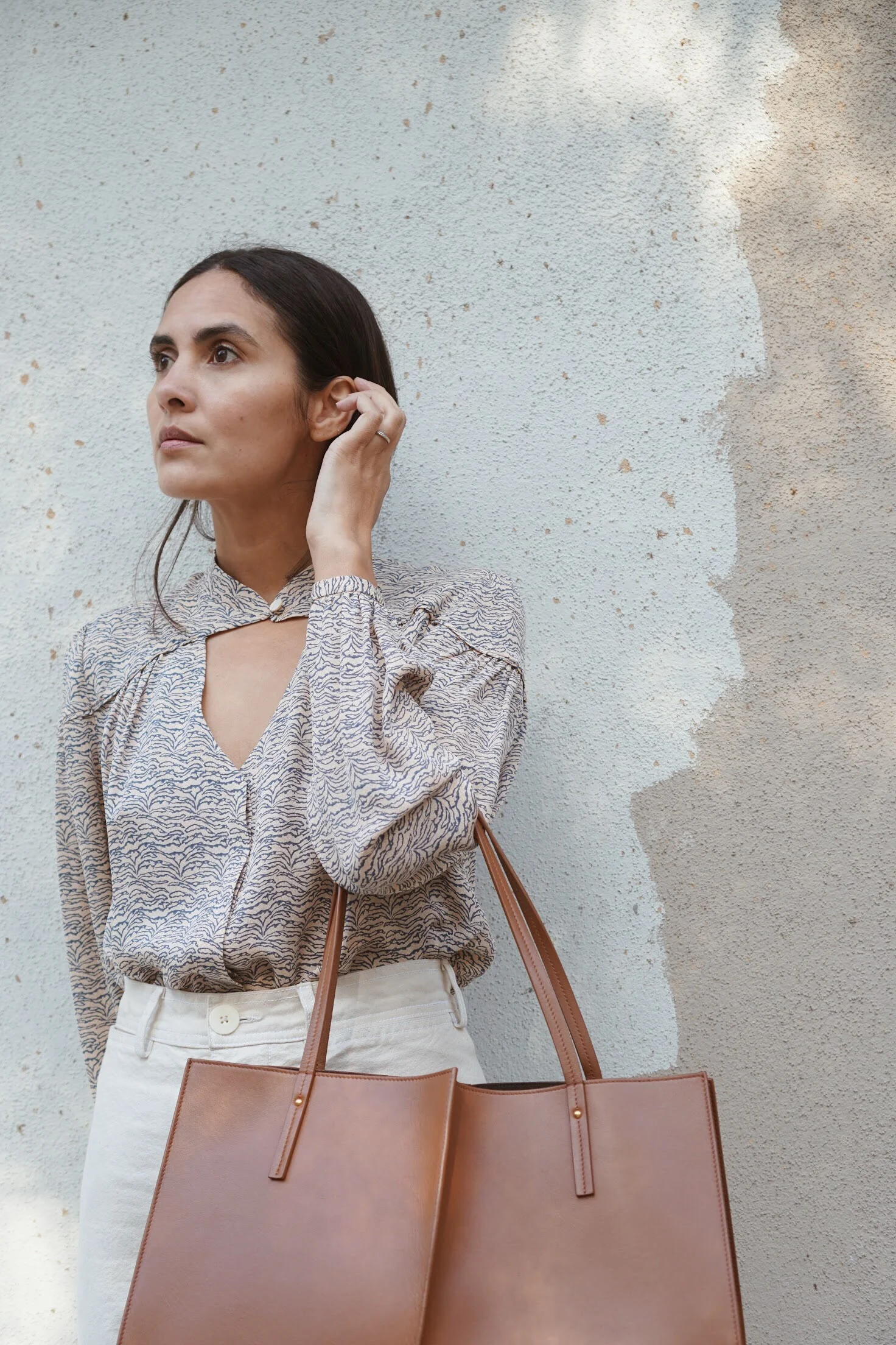 Olga Kapustina Silk Georgette Blouse in Print + Maiyet Sia East/West in Cognac.