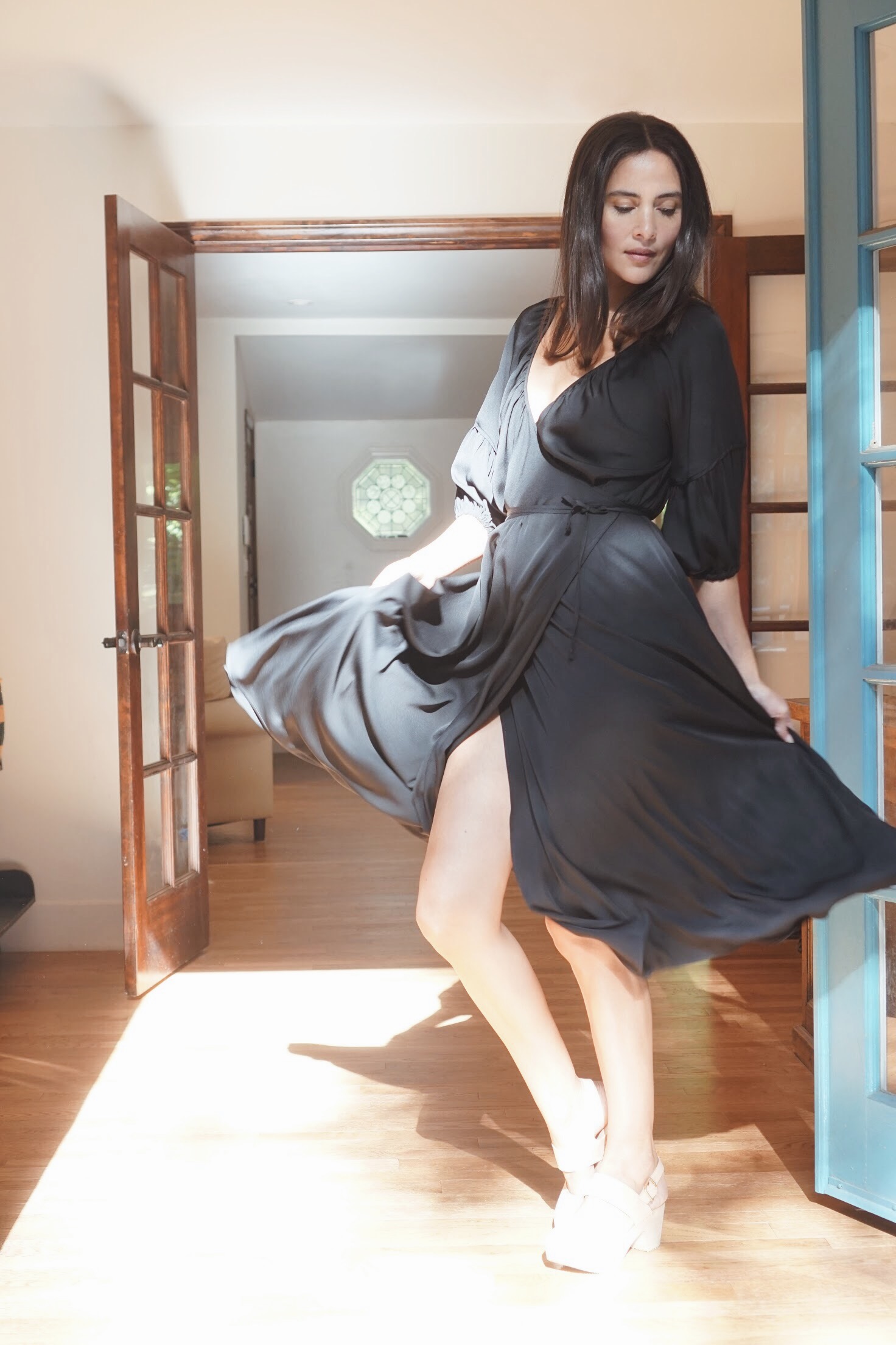   Olga Kapustina &nbsp;Silk Georgette Wrap Dress in Black +   Zuzii   Closed Toe Clogs in Natural. 
