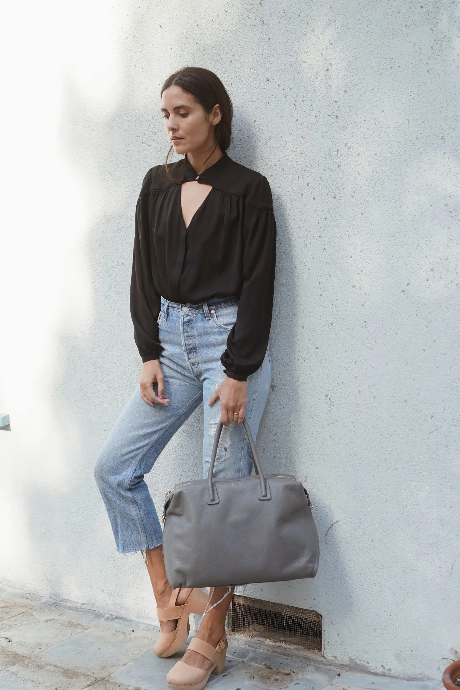 Olga Kapustina Silk Georgette Blouse in Print + Maiyet Como Large Satchel in Grey + Zuzii Closed Toe Clogs in Natural.