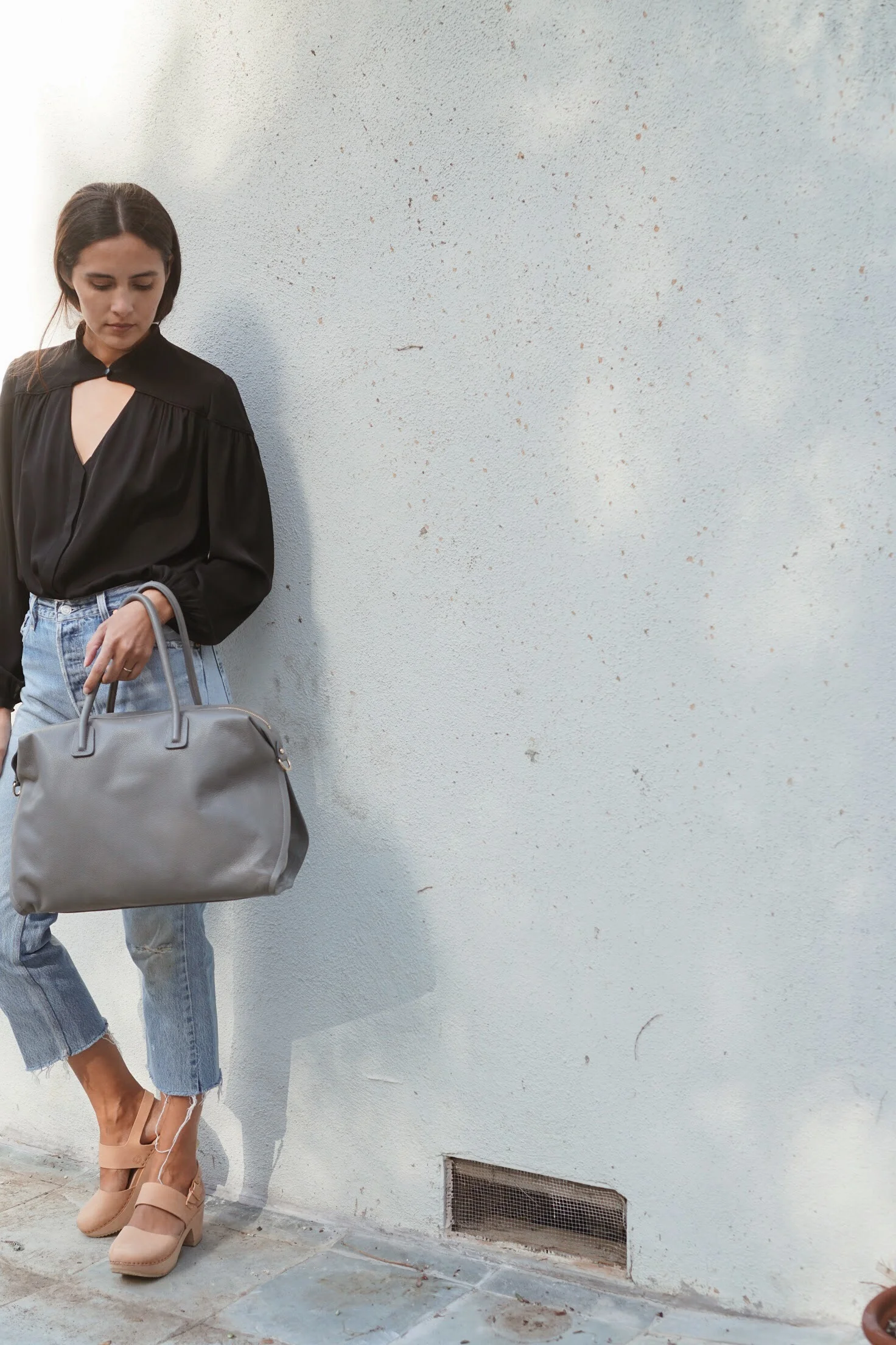 Olga Kapustina Silk Georgette Blouse in Print + Maiyet Como Large Satchel in Grey + Zuzii Closed Toe Clogs in Natural.