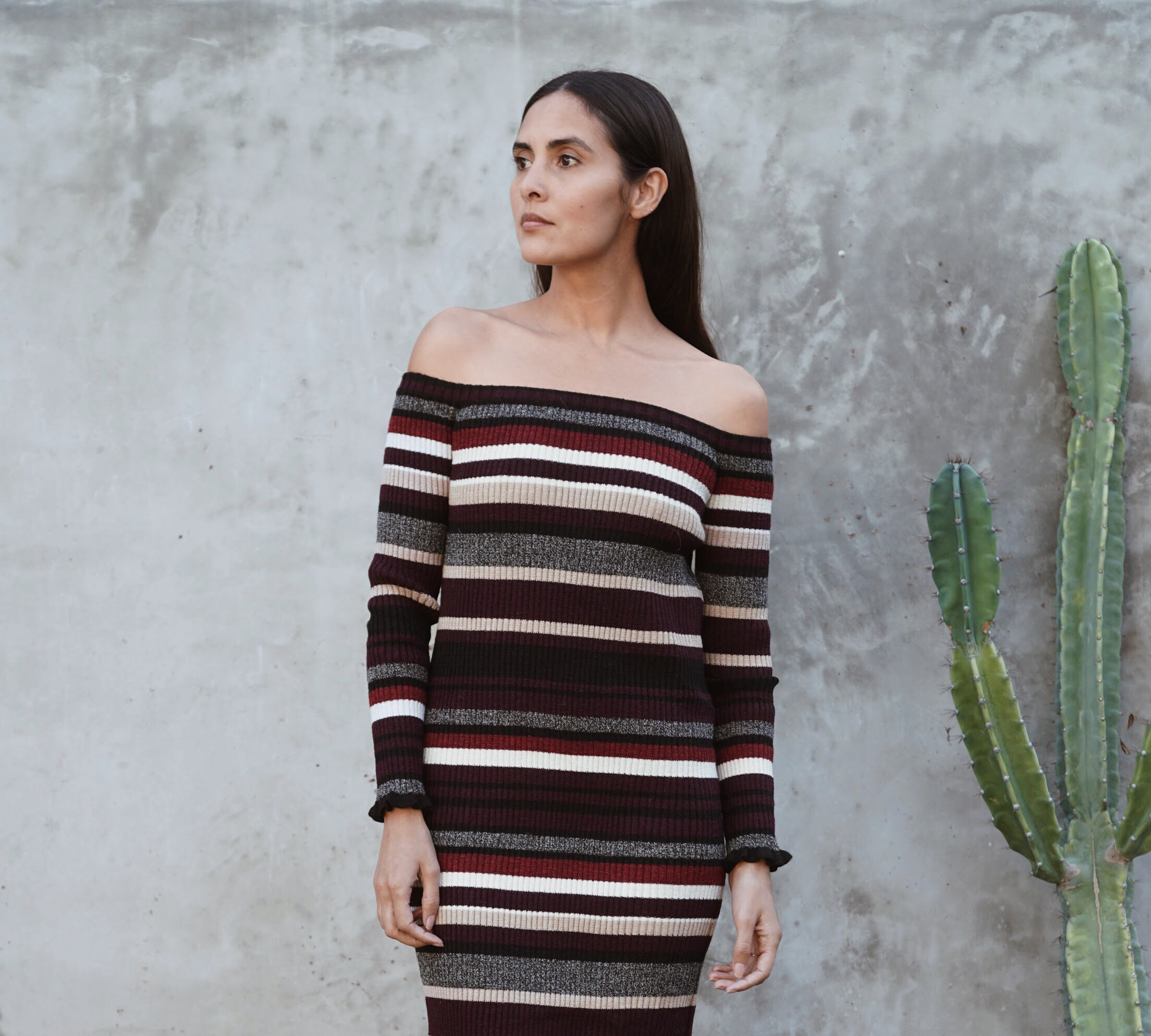 Eleven Six Off Shoulder Sweater Dress in Multi + Zuzii Closed Toe Clogs in Natural.