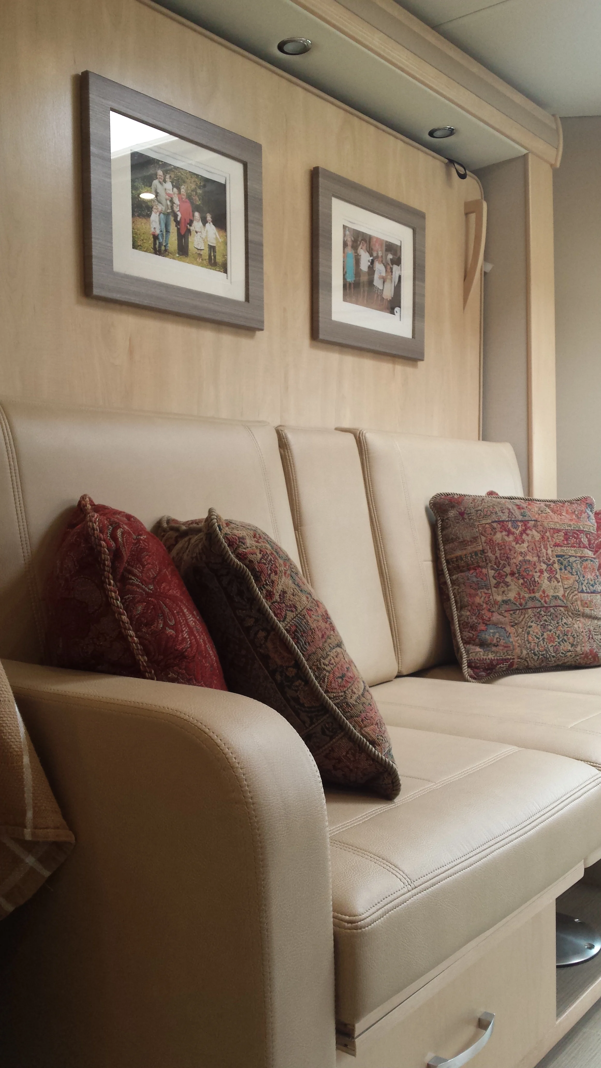 Making the most of a space in our small rv, there is a Murphy Bed behind the couch.