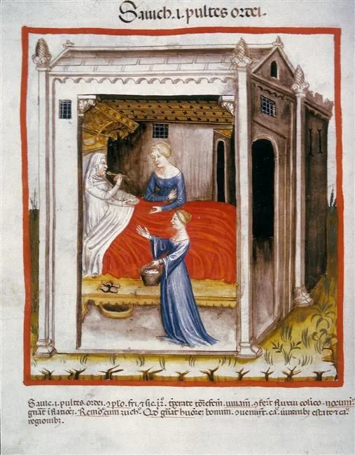 “Giving Barley Soup to an Invalid” Tacuinum Sanitatis , SN2644, folio 44v; 1385–1390.