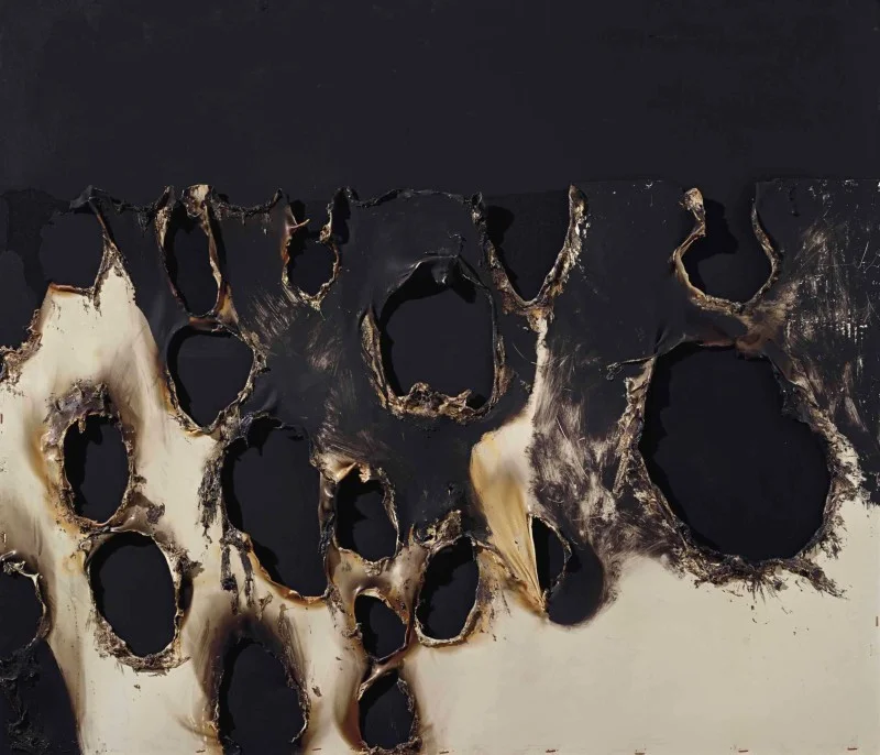Alberto Burri, Combustioni Plastica , 1956, mixed media, 85.7 × 100.0cm. https://www.artbasel.com/catalog/artwork/55086/Alberto-Burri-Combustione-Plastica