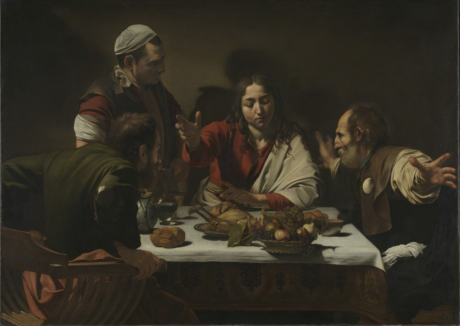 Caravaggio, The Supper at Emmaus, 1601, oil on canvas, 55.5 x 77.5 in (141 x 196.2cm). Courtesy of artsy.net , 2017.