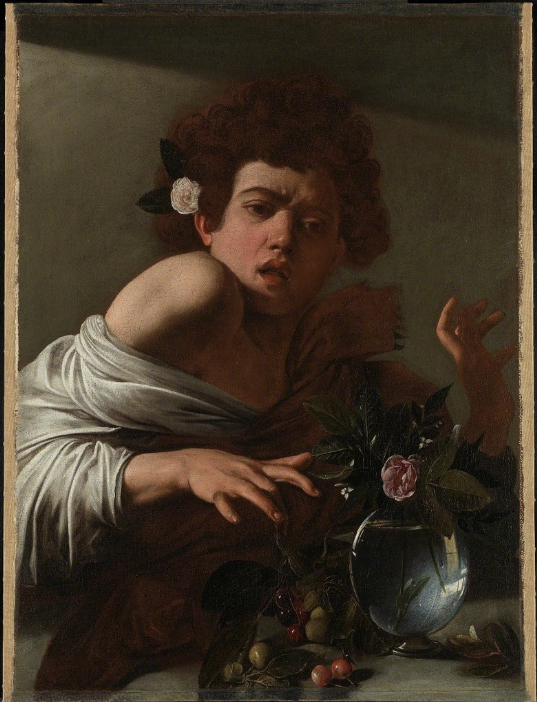 Caravaggio, Boy Bitten by Lizard, 1594-1595, oil on canvas, 26 x 19.5in (66 x 49.5cm). Courtesy of artsy.net .2017.