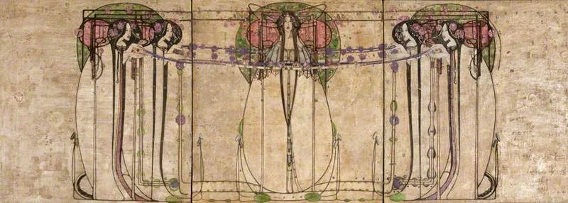 Margaret Macdonald Mackintosh, The May Queen , 1900, gesso, hessian, scrim, twine, glass beads, thread, mother of pearl and tin leaf on panel, 158.8 x 457 cm, Kelvingrove Art Gallery and Museum, Glasgow. https://artuk.org/discover/artworks/the-may-queen-85037