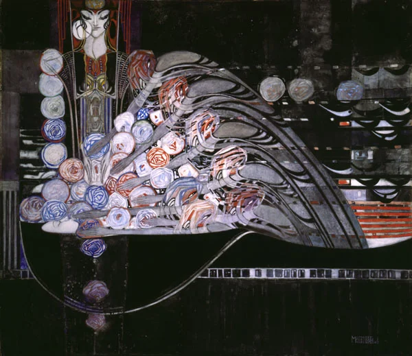 Margaret Macdonald Mackintosh, La Mort Parfumee , 1921, pencil, watercolour, gouache and gold paint on paper, 63 x 71.2 cm, Hunterian Art Gallery, Glasgow. http://www.huntsearch.gla.ac.uk/cgi-bin/foxweb/huntsearch_Mackintosh/DetailedResults.fwx?SearchTerm=41288&reqMethod=Link&browseMode=on