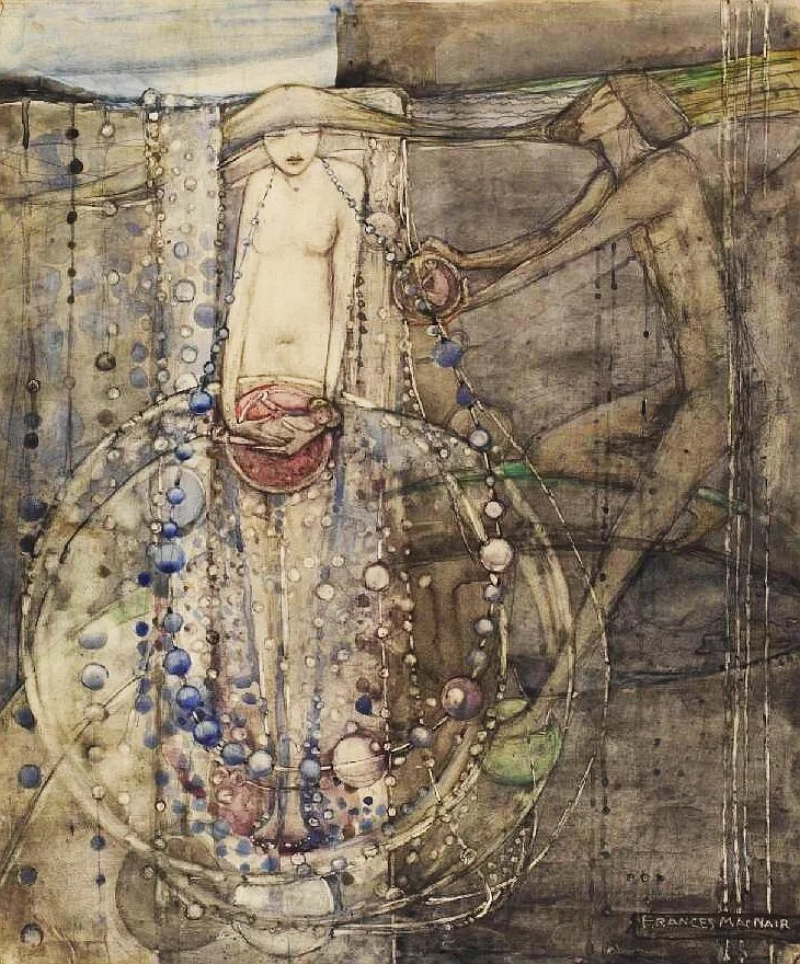 Frances Macdonald, Man Makes the Beads of Life But Woman Must Thread Them , 1915, pencil and watercolour, 35.2 x 29.8 cm, Walker Art Gallery, Liverpool. http://www.liverpoolmuseums.org.uk/walker/exhibitions/doves/finalwatercolours/beads_life_frances.aspx