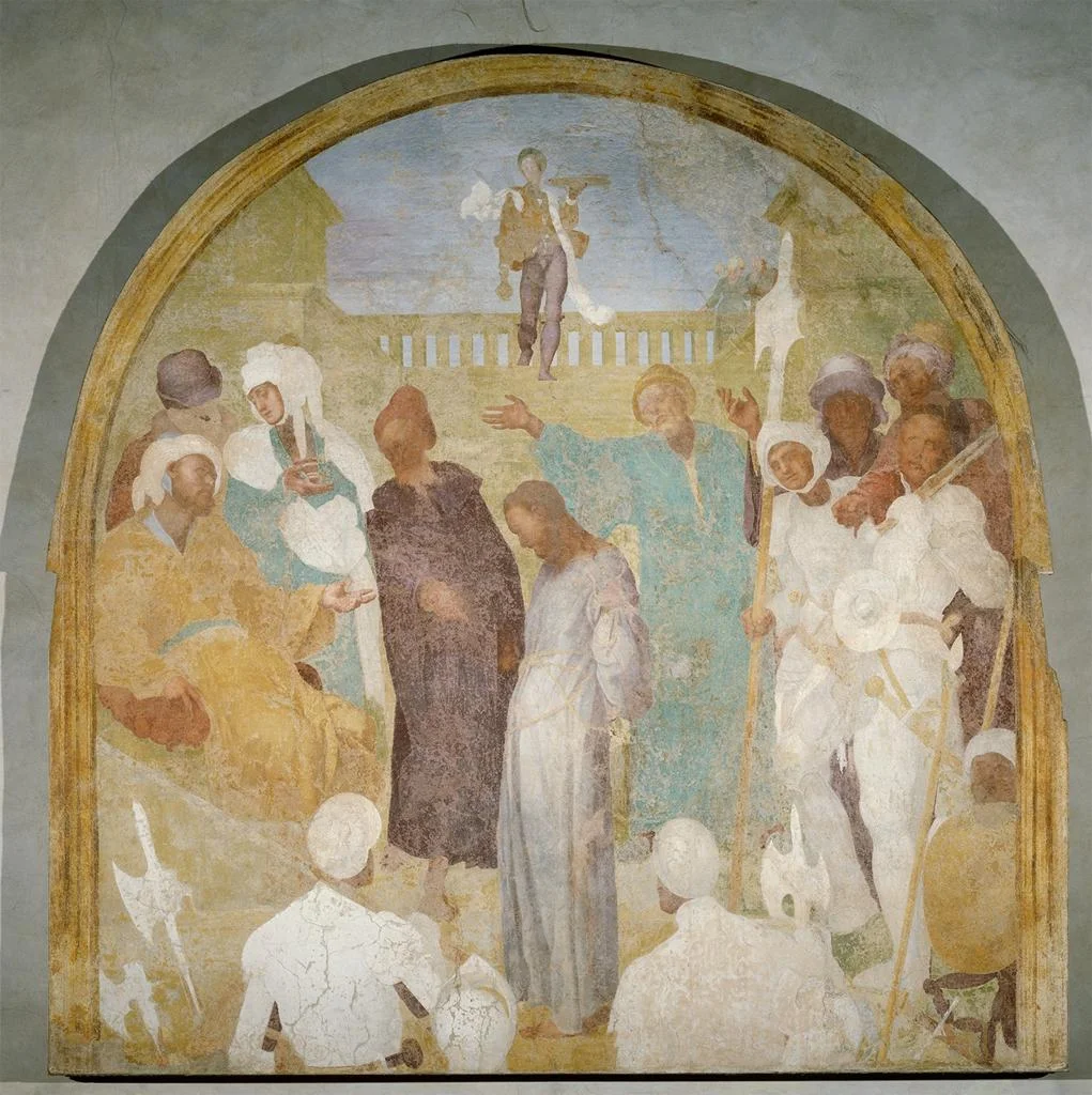 Jacopo Pontormo, Christ Standing Before Pilate , 1523-25, Fresco, 300 x 292 cm, displayed in the chapterhouse of Certosa del Galluzzo, Florence. Image from ARTSTOR. https://library-artstor-org.ezproxy.st-andrews.ac.uk/#/asset/SCALA_ARCHIVES_1039778998