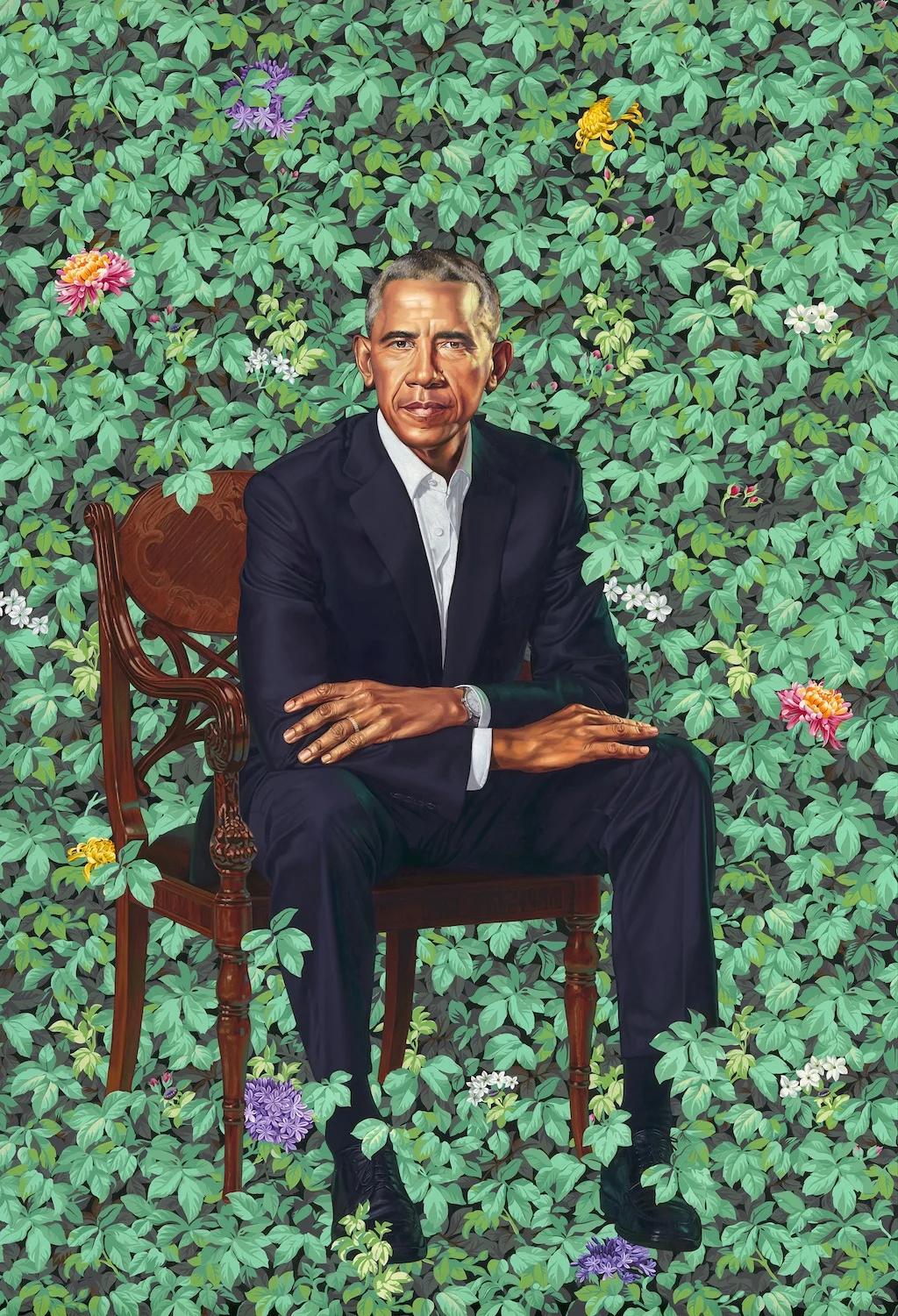 Kehinde Wiley, Barack Obama , 2018, oil on canvas. ( http://www.artnews.com/2018/02/12/portraits-barack-michelle-obama/ )