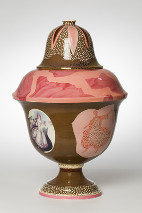 Charlotte Hodes, Vase for Mademoiselle de Camargo, colour slip and hand-cut transfer onto earthenware, 40 x 28 cm, 2006. https://charlottehodes.com/portfolio/fragmented-images/