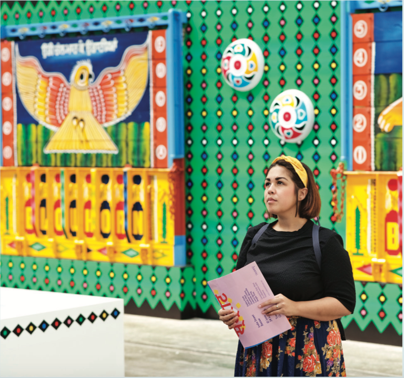 A visitor to ‘Pehchaan: Art From Another India’, Tramway, Glasgow, 2016, featuring works acquired through Art Fund’s Renew scheme within a space designed by Gabriella Marcella. Photo © Andy Smith
