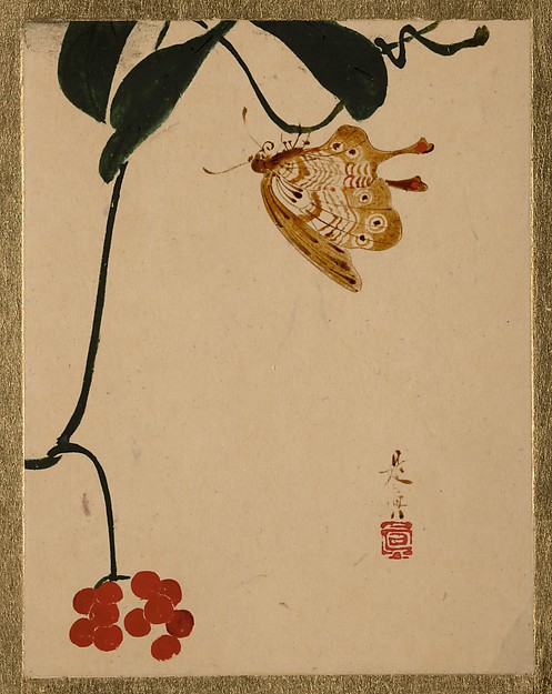 Shibata Zeshin, Red Berry Plant and Butterfly, Edo Period, lacquer on paper.