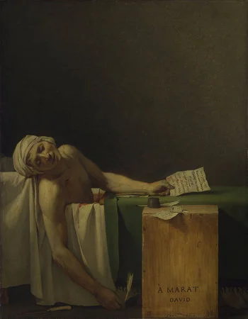 Jacques-Louis David. The Death of Marat . 1793. Oil on canvas, 165 X 128 cm. Royal Museum of Fine Arts, Belgium. https://www.khanacademy.org/humanities/monarchy-enlightenment/neo-classicism/a/david-and-the-death-of-marat