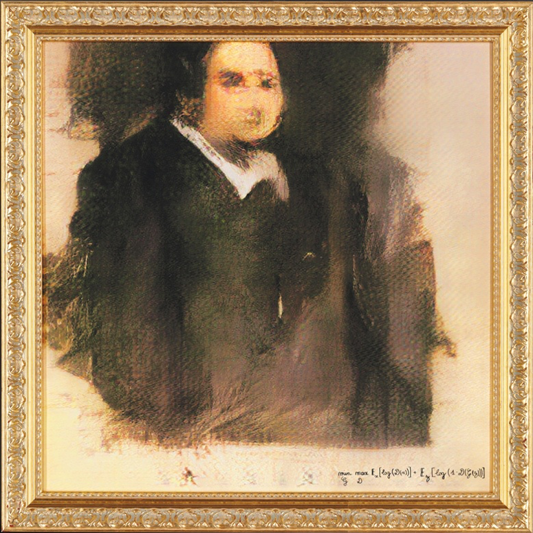 GAN (Generative Adversarial Network), Portrait of Edmond Belamy , from La Famille de Belamy, 2018. Created by OBVIOUS. Courtesy of Christie’s. https://www.christies.com/features/A-collaboration-between-two-artists-one-human-one-a-machine-9332-1.aspx