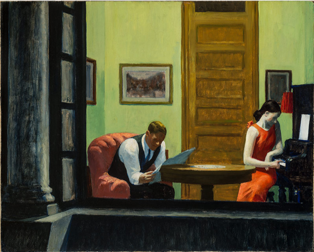 Edward Hopper, Room in New York , 1932, oil on canvas, Sheldon Museum of Art https://sheldonartmuseum.org/work/hopper-room