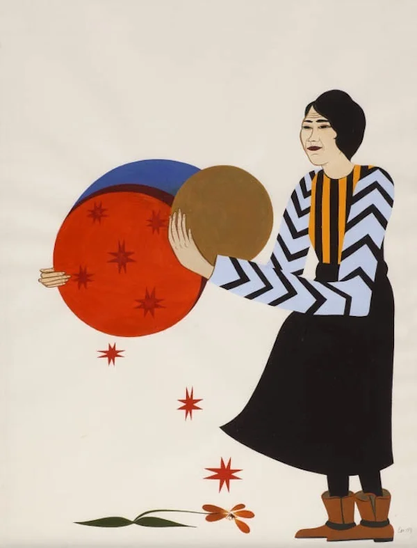 Clare Rojas, Woman holding orbs , 2009, acrylic on paper, Gallery Paule Anglim. ( http://www.artnews.com/2014/02/06/art-and-feminism-wikipedia-editathon-creates-pages-for-women-artists/ )