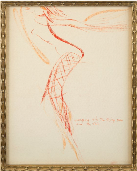 Marilyn Monroe, Jumping into the Frying Pan from the Fire, c. 1960, watercolour on paper. https://www.artsy.net/artwork/marilyn-monroe-jumping-into-the-frying-pan-from-the-fire