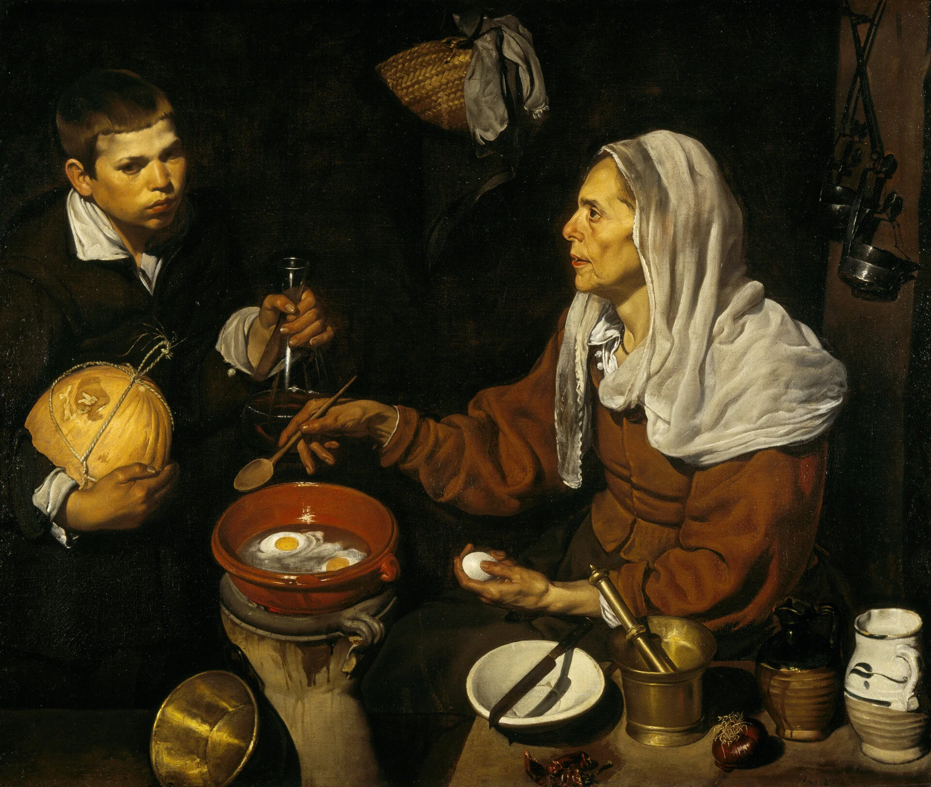 Velázquez, An Old Woman Cooking Eggs, 1618, Oil on Canvas, 100.5cm x 119.5cm, courtesy of https://www.nationalgalleries.org/