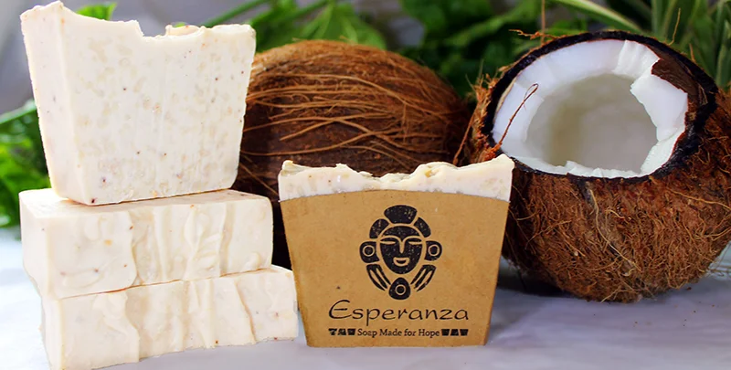 Coco Loco Soap - Grated local coconuts and coconut milk, with Almond oil and Vanilla essential oils. Coconut shavings for soft exfoliation.
