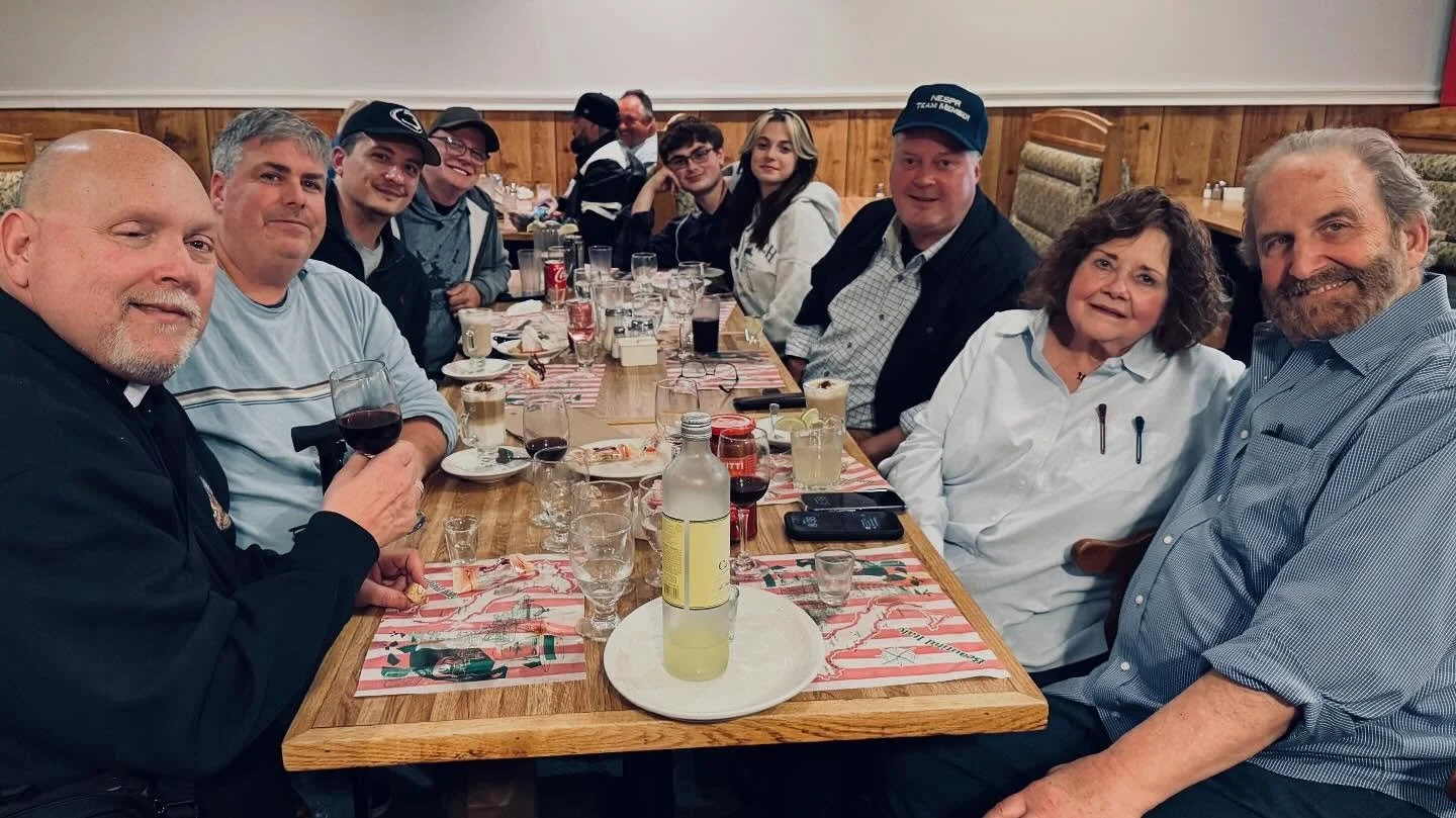 The whole gang: Judy and Tony Spera, myself, Chris, Wade, Rick, Father Bob and new Warren House Manager Dylan and his gf Grace, out to eat at the legendary Sal&rsquo;s in Monroe, CT. Having a nice meal before we hit the road for the final &ldquo;Devi