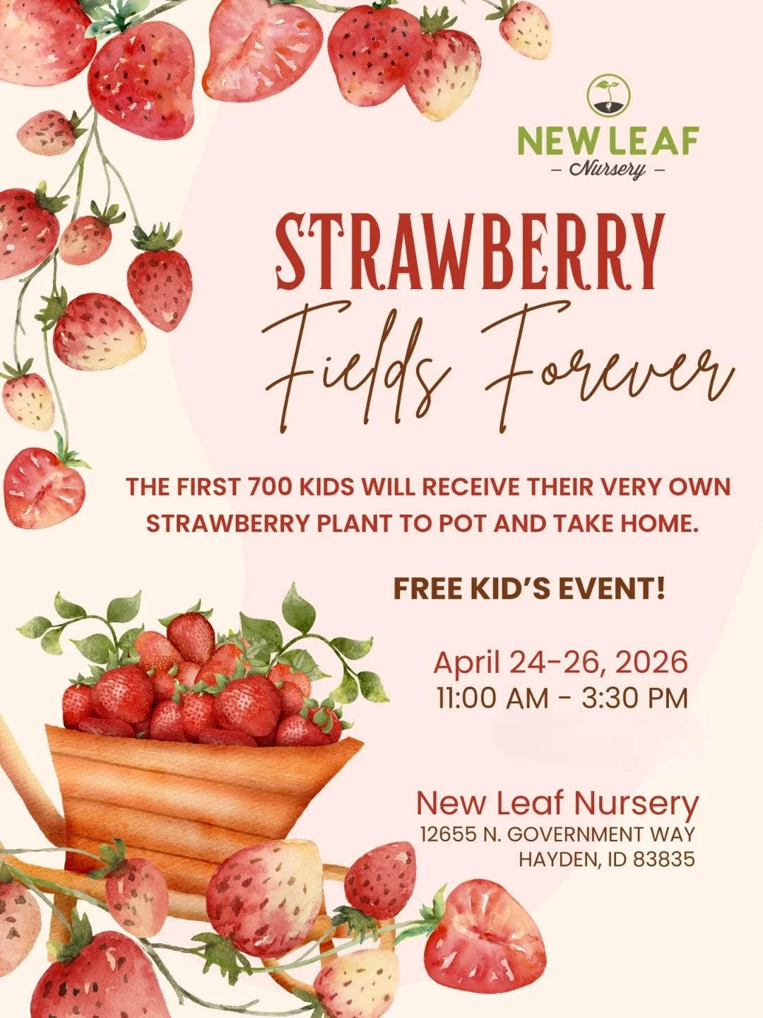 🍓 Looking For Something Fun To Do? 🍓

Join us at the nursery for our Third Annual Strawberry Fields Forever Event! Your little gardeners will get to learn all about planting, caring, and the magic of growing their own food. 🌱

🗓 April 24-26
🕚 11