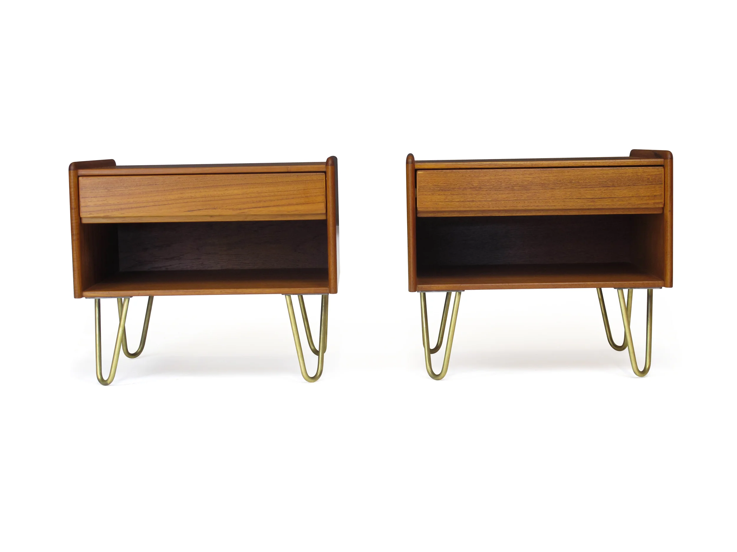 Danish Teak Nightstands on Brass Hairpin Legs