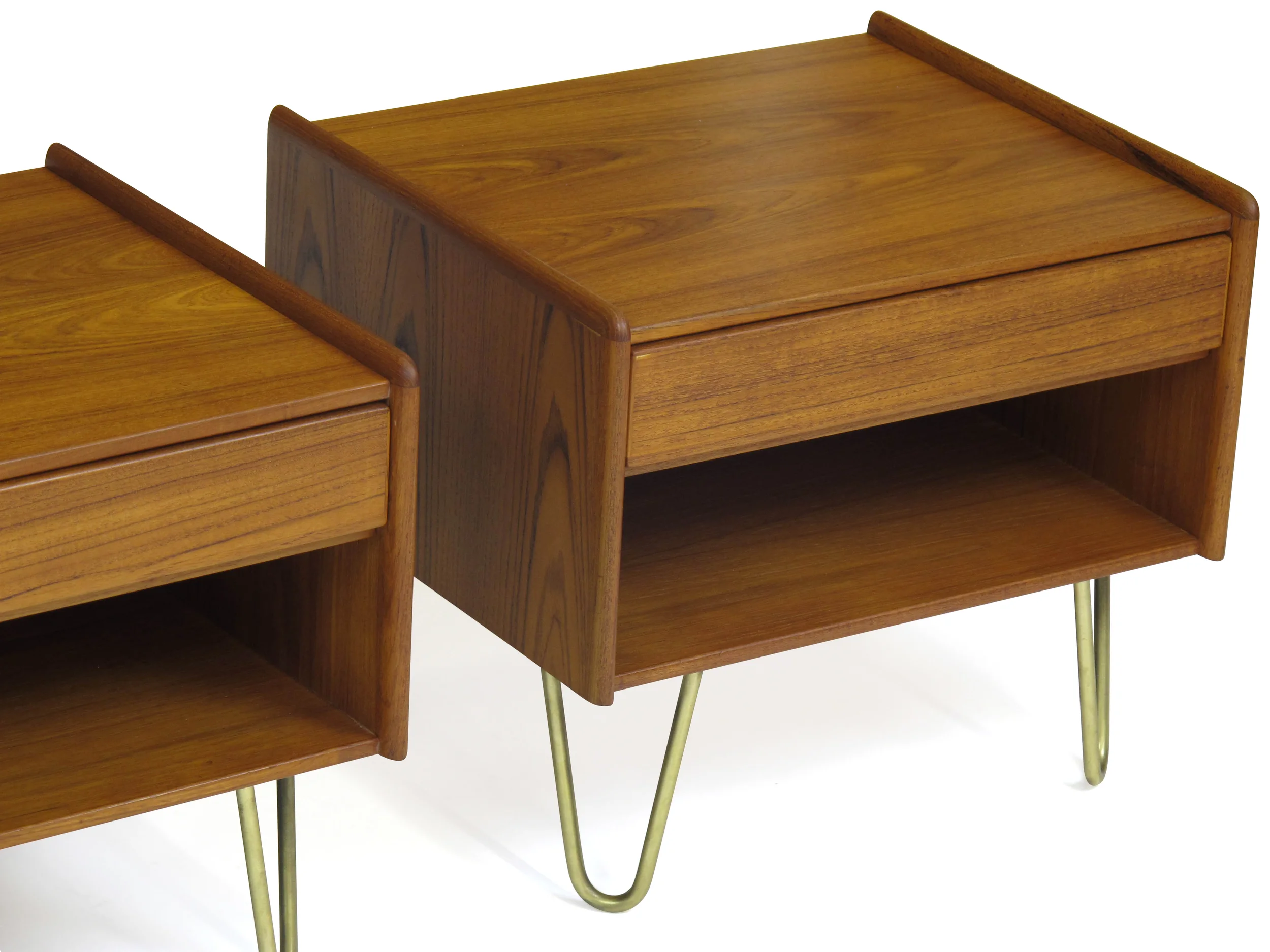 Danish Teak Nightstands on Brass Hairpin Legs 3