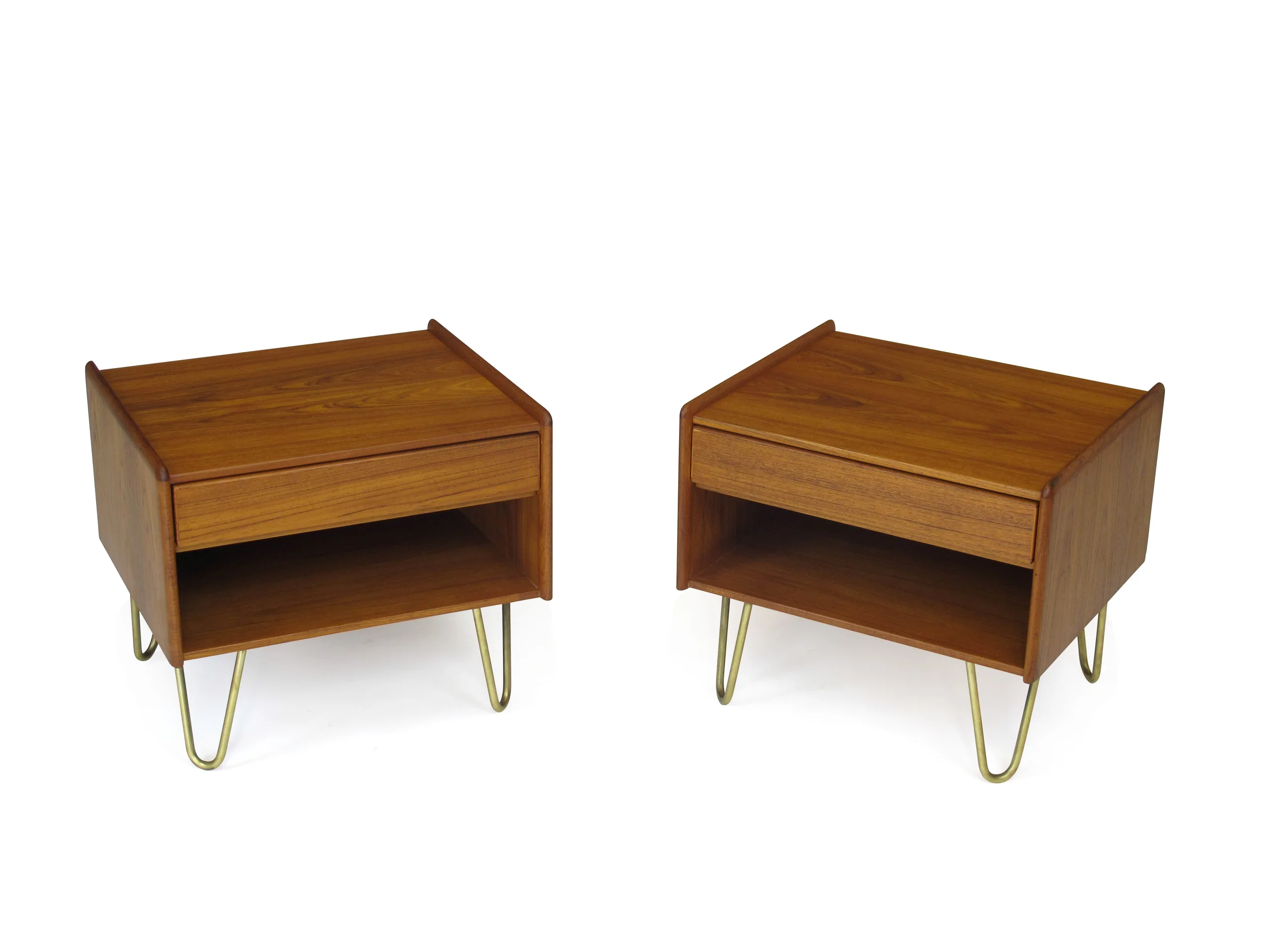 Danish Teak Nightstands on Brass Hairpin Legs 6
