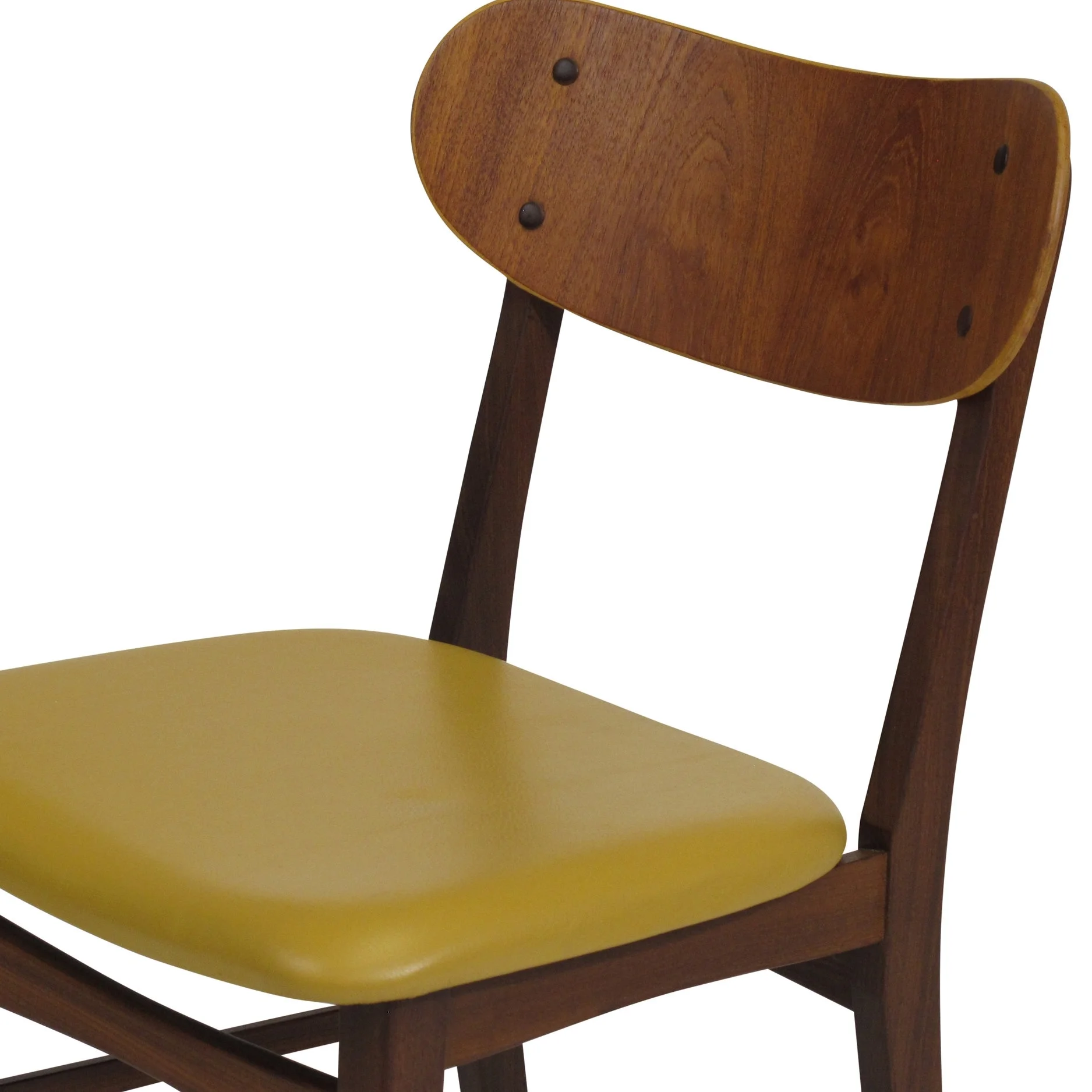Teak Dining Chairs in Newly Upholstered Yellow Leather Seats 1