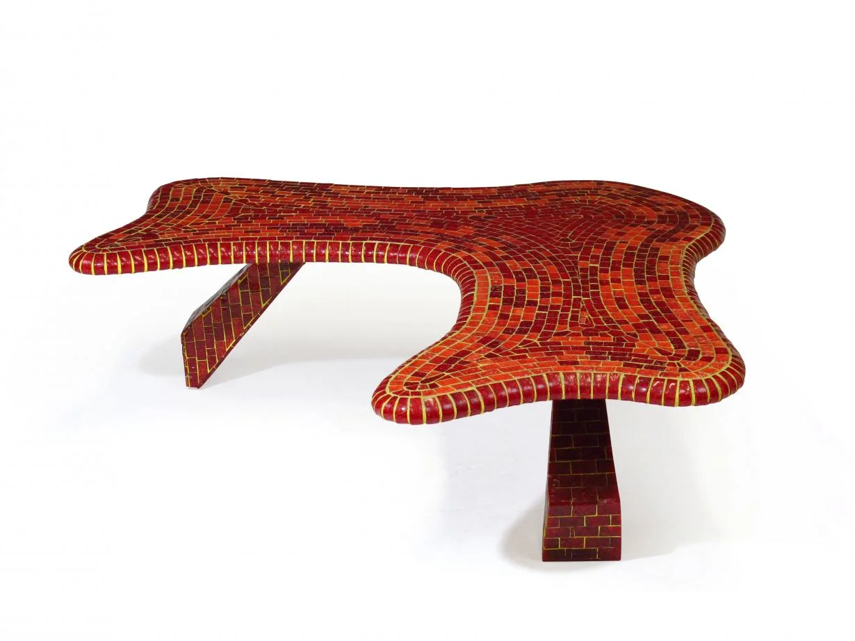 Vintage Free-Form Red Mosaic Tile Coffee Table