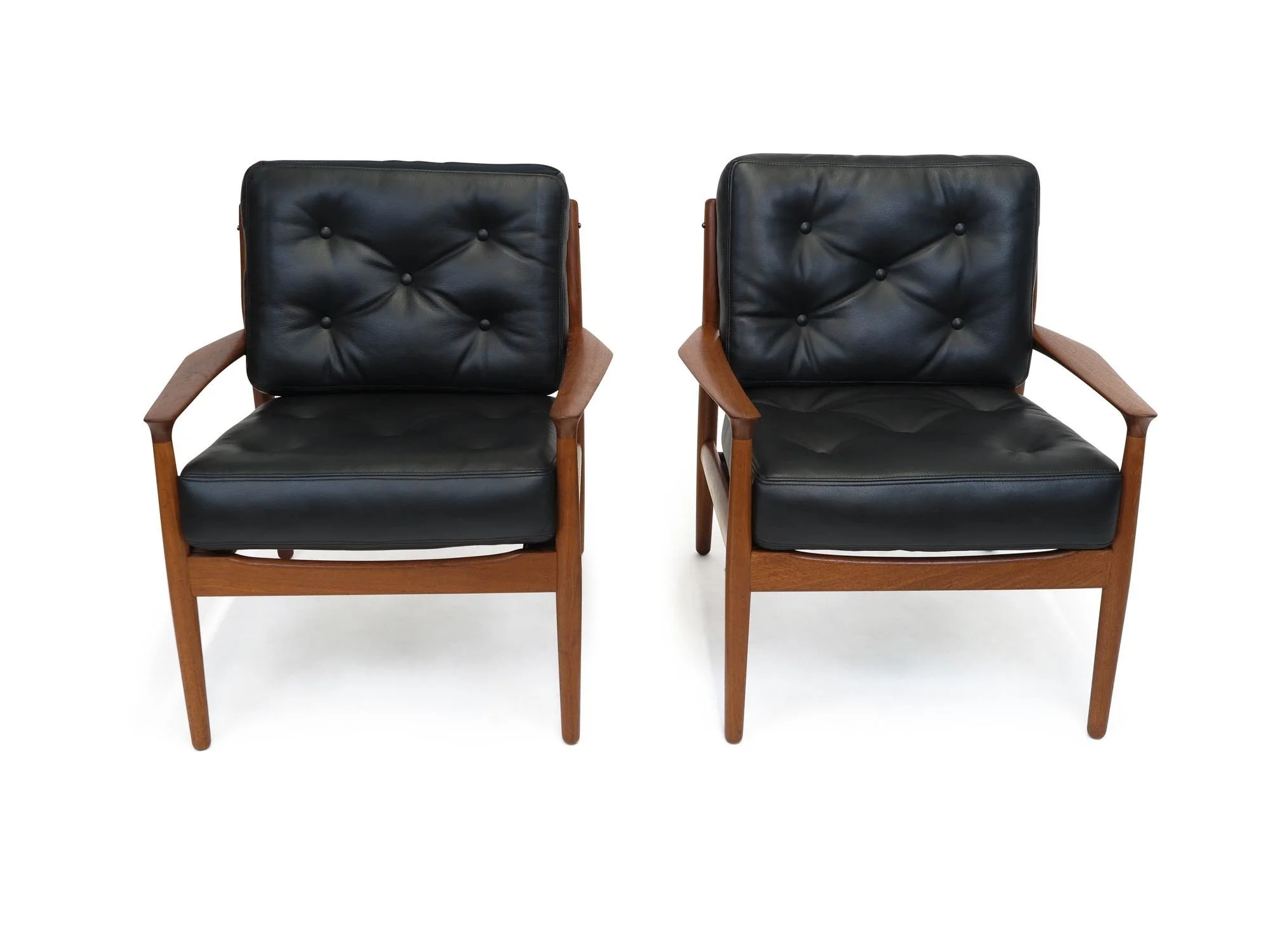 Grete Jalk Danish Teak Lounge Chairs in Black Leather — Chris
