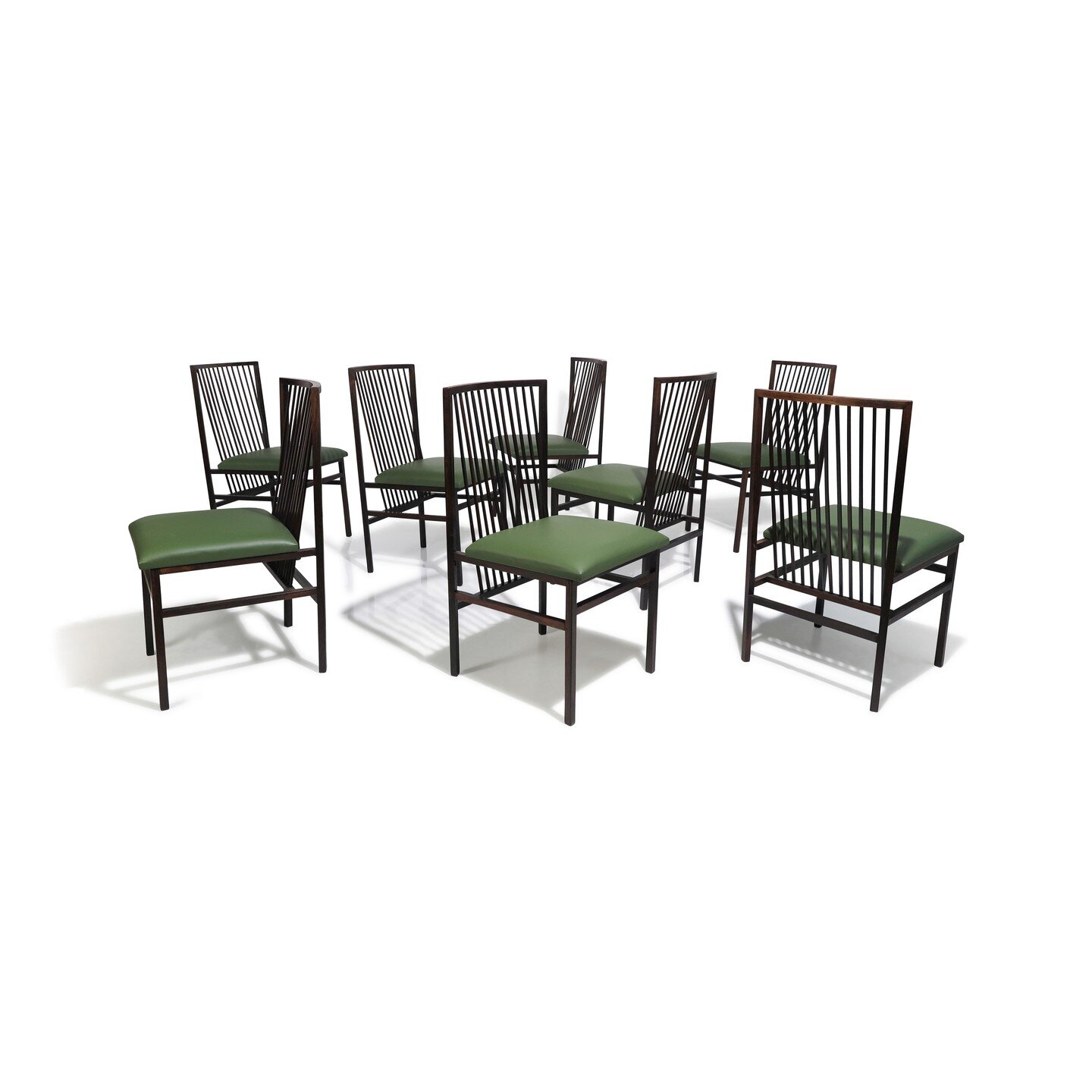 Set of eight dining #chairs in the manner of #joaquimtenreiro (1906-1992), #brazil , circa 1947. #handcrafted from solid #jacaranda #rosewood , these chairs feature architectural quadrangular rods, a curved back with mitered corners, and precisely jo